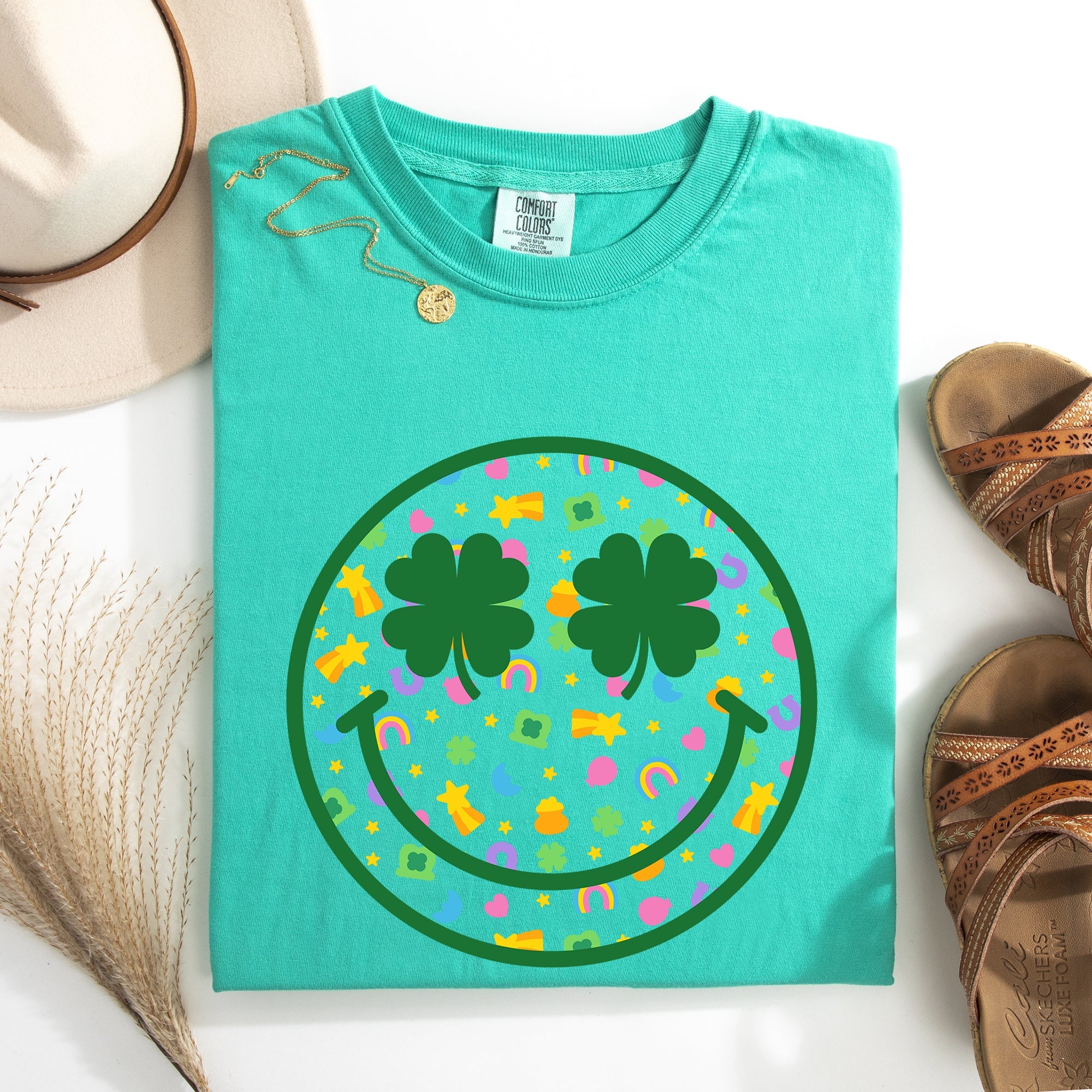 Lucky Smiley Retro Charms St Patrick's Day Shamrock Clover Leprechaun Comfort Colors Tee