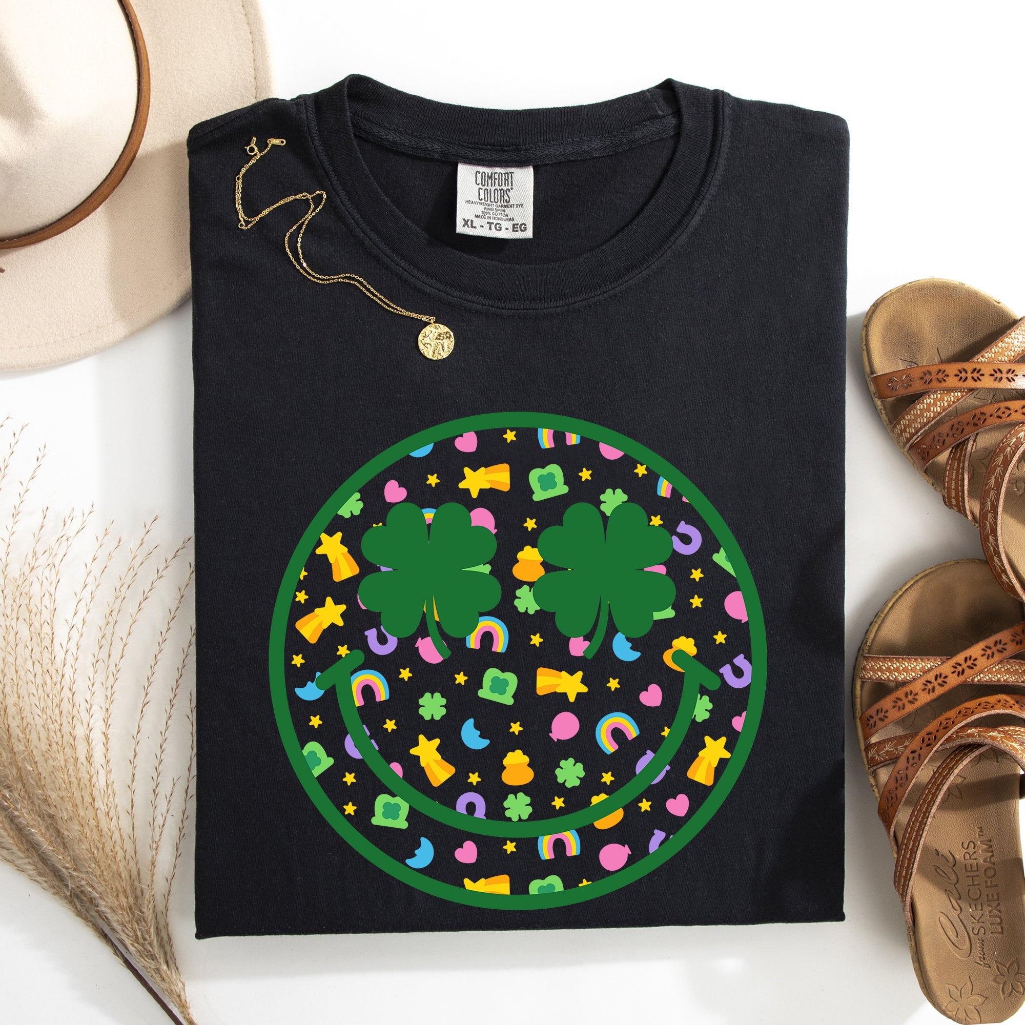 Lucky Smiley Retro Charms St Patrick's Day Shamrock Clover Leprechaun Comfort Colors Tee