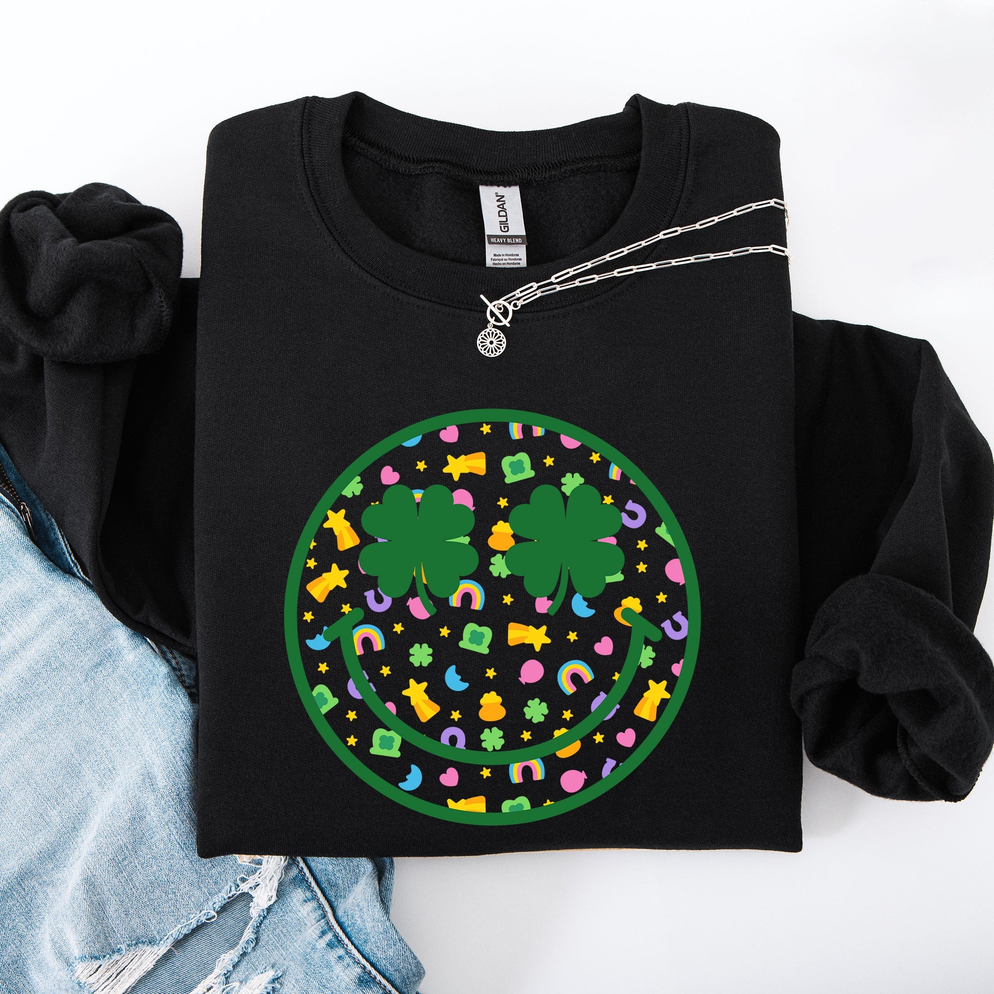 Lucky Smiley Retro Charms St Patrick's Day Shamrock Clover Leprechaun Sweatshirt