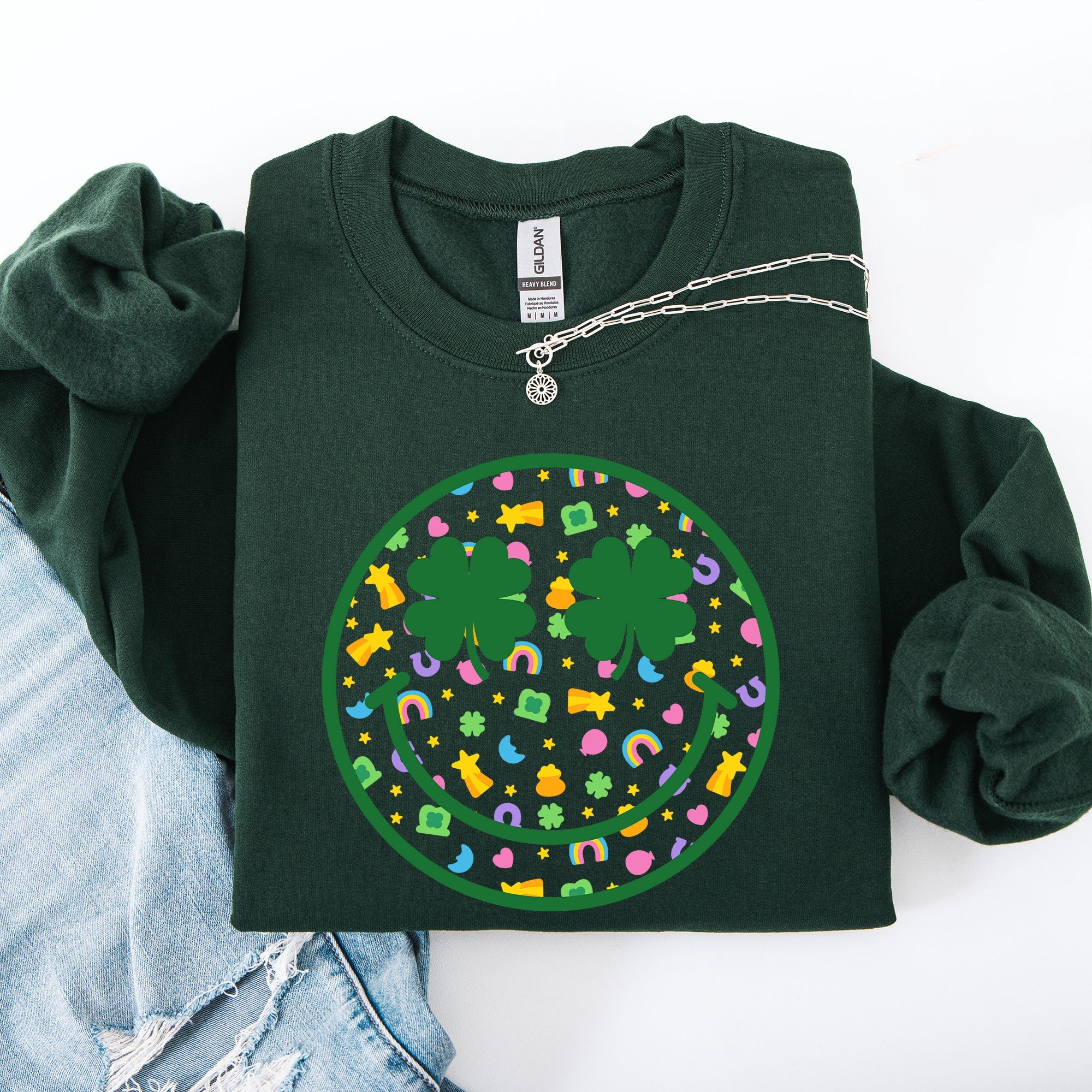 Lucky Smiley Retro Charms St Patrick's Day Shamrock Clover Leprechaun Sweatshirt