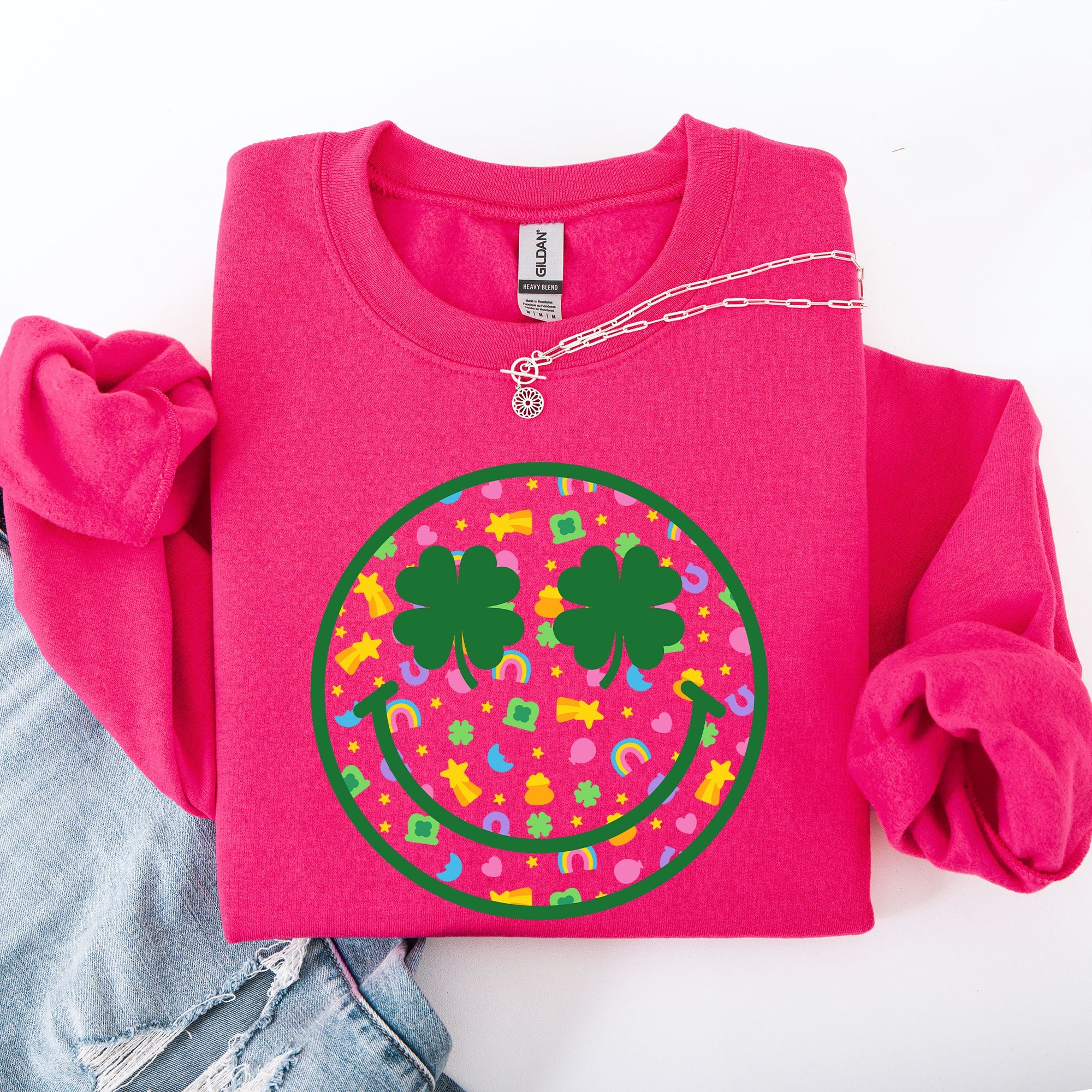 Lucky Smiley Retro Charms St Patrick's Day Shamrock Clover Leprechaun Sweatshirt