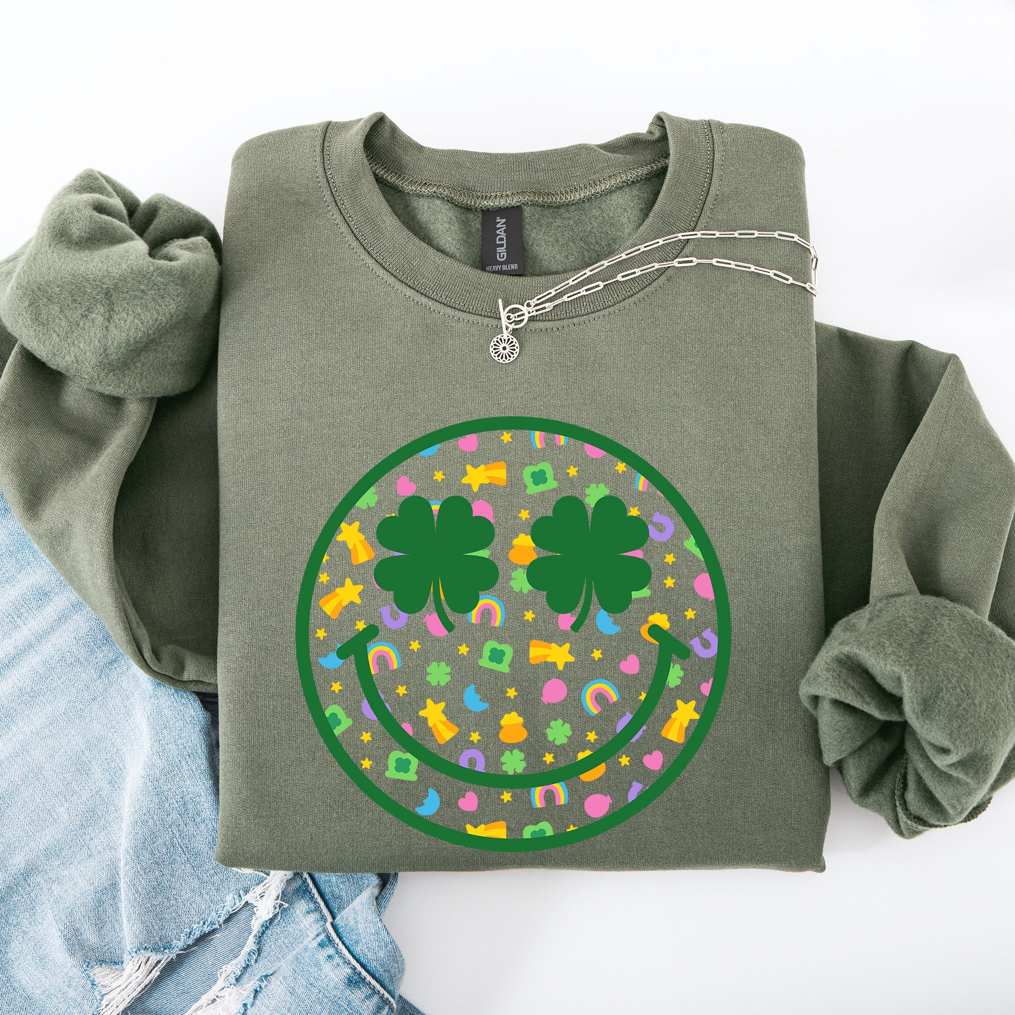 Lucky Smiley Retro Charms St Patrick's Day Shamrock Clover Leprechaun Sweatshirt