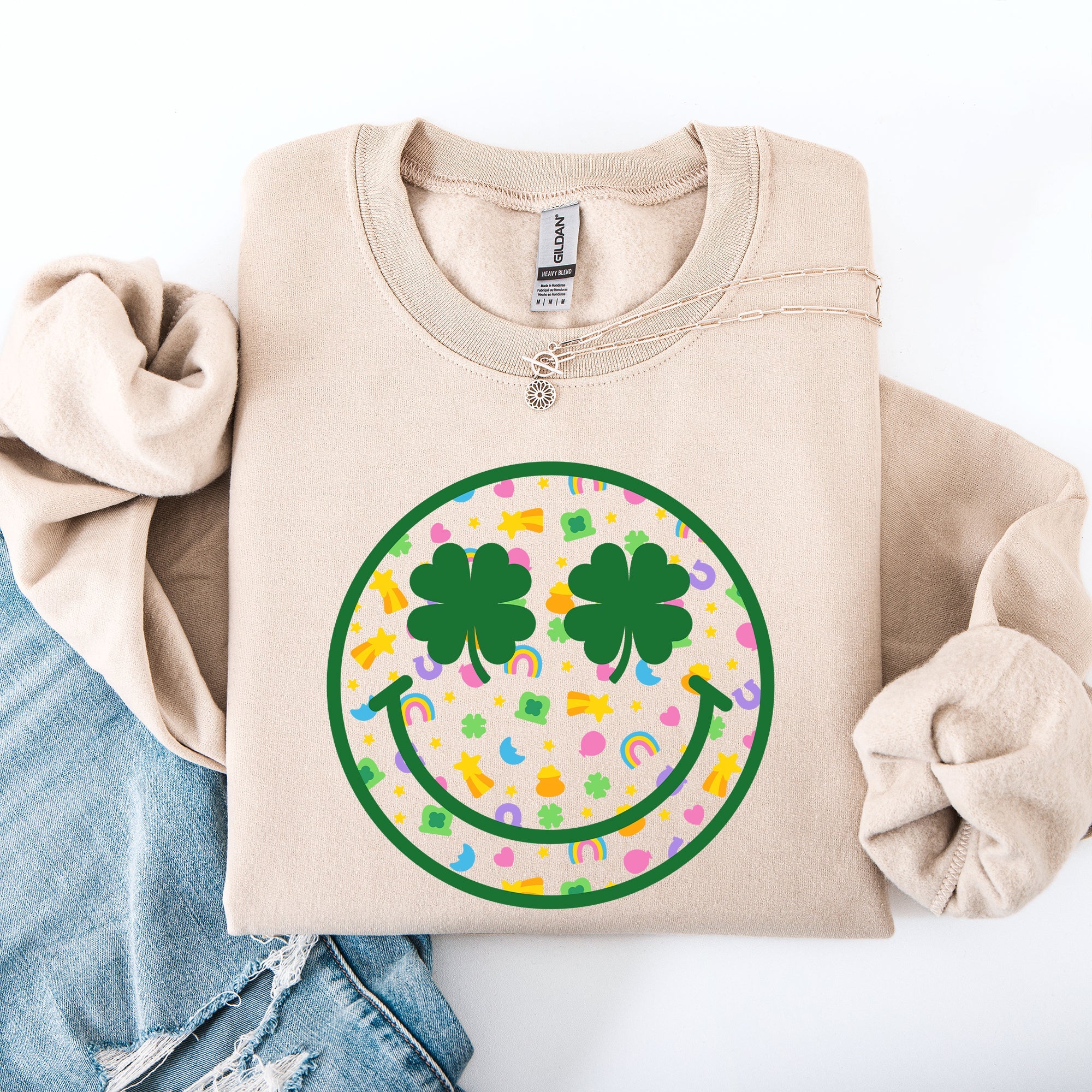 Lucky Smiley Retro Charms St Patrick's Day Shamrock Clover Leprechaun Sweatshirt