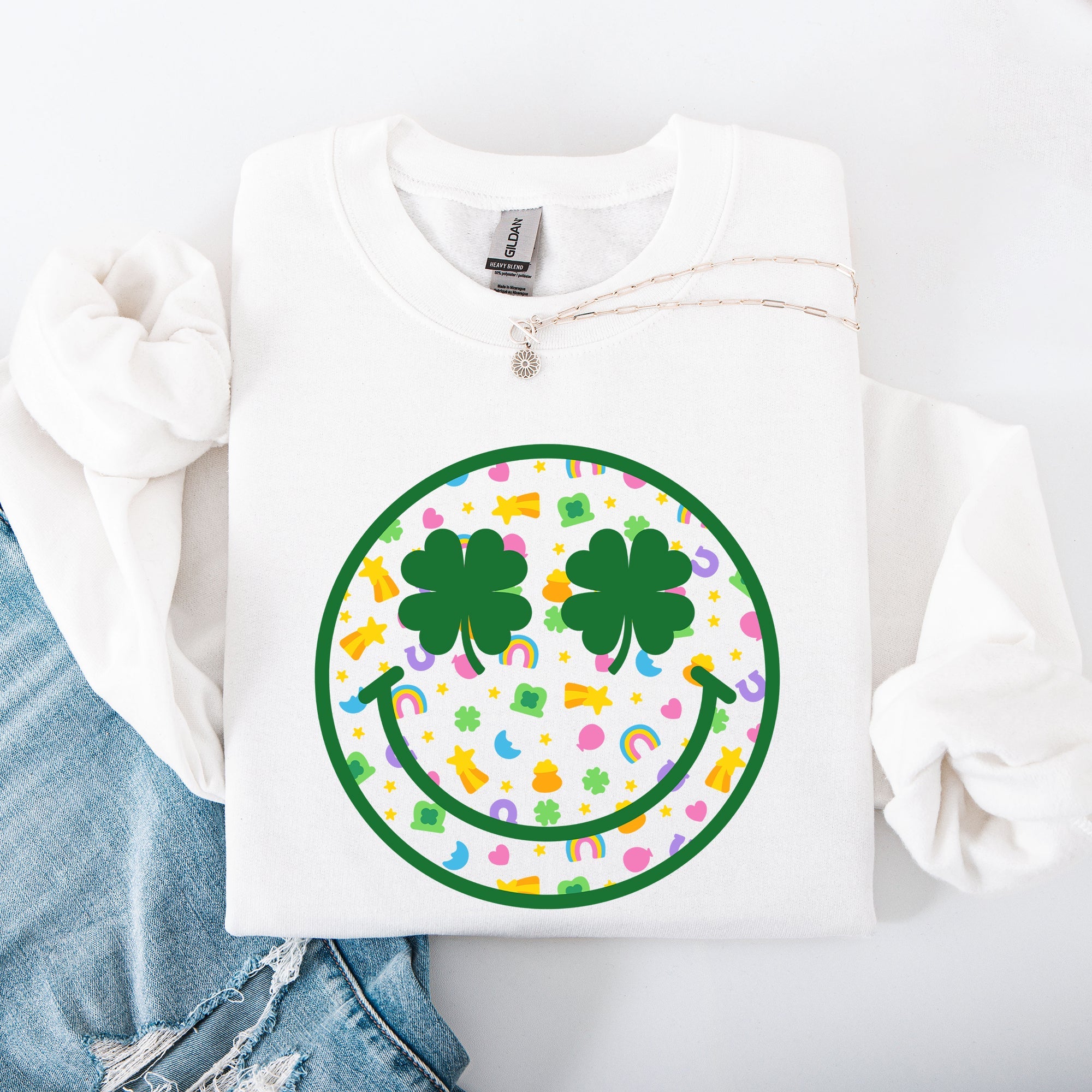 Lucky Smiley Retro Charms St Patrick's Day Shamrock Clover Leprechaun Sweatshirt