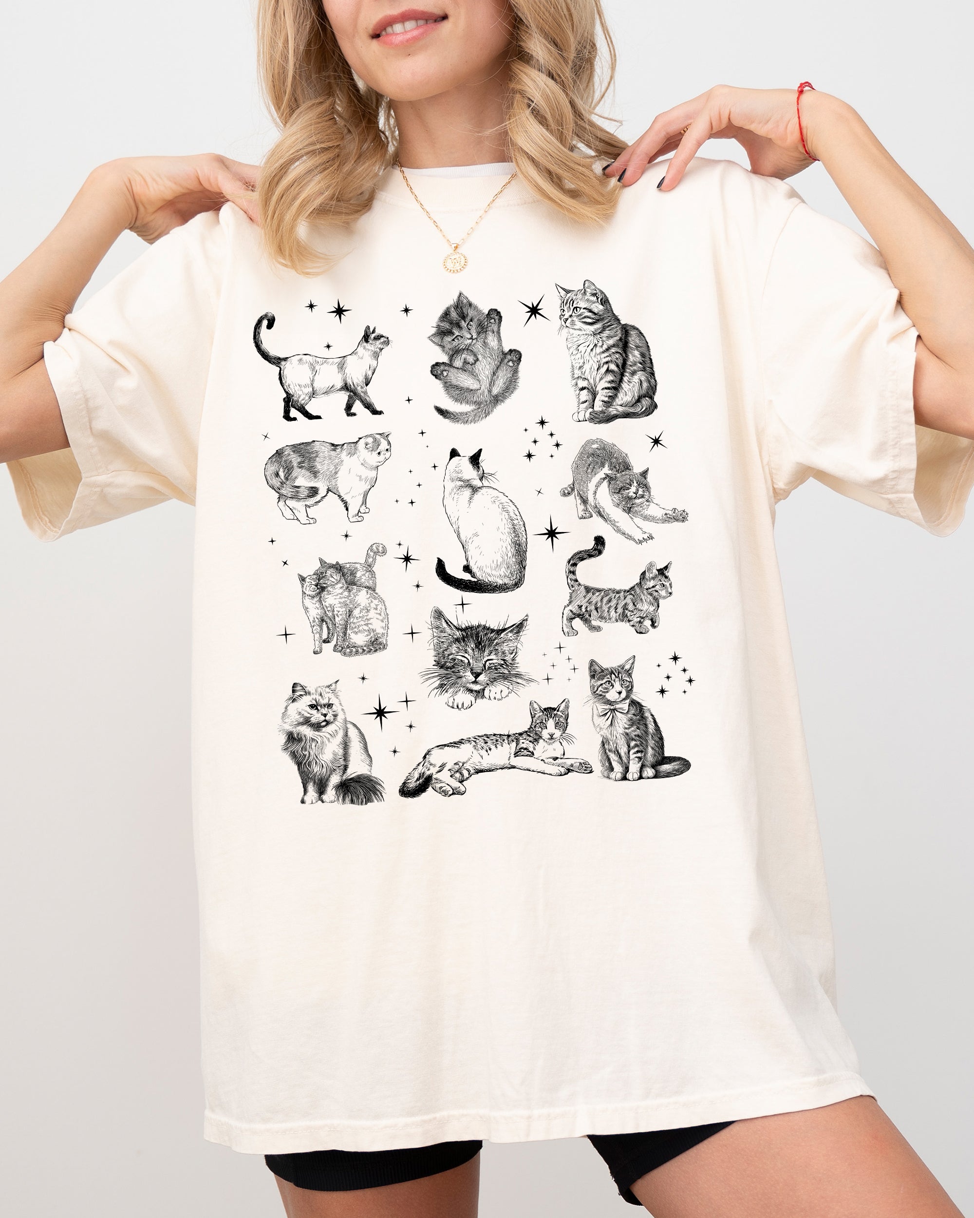 Magical Cats Vintage Hand Drawn Tarot Sparkles Kitten Breeds Illustration Comfort Colors Tee