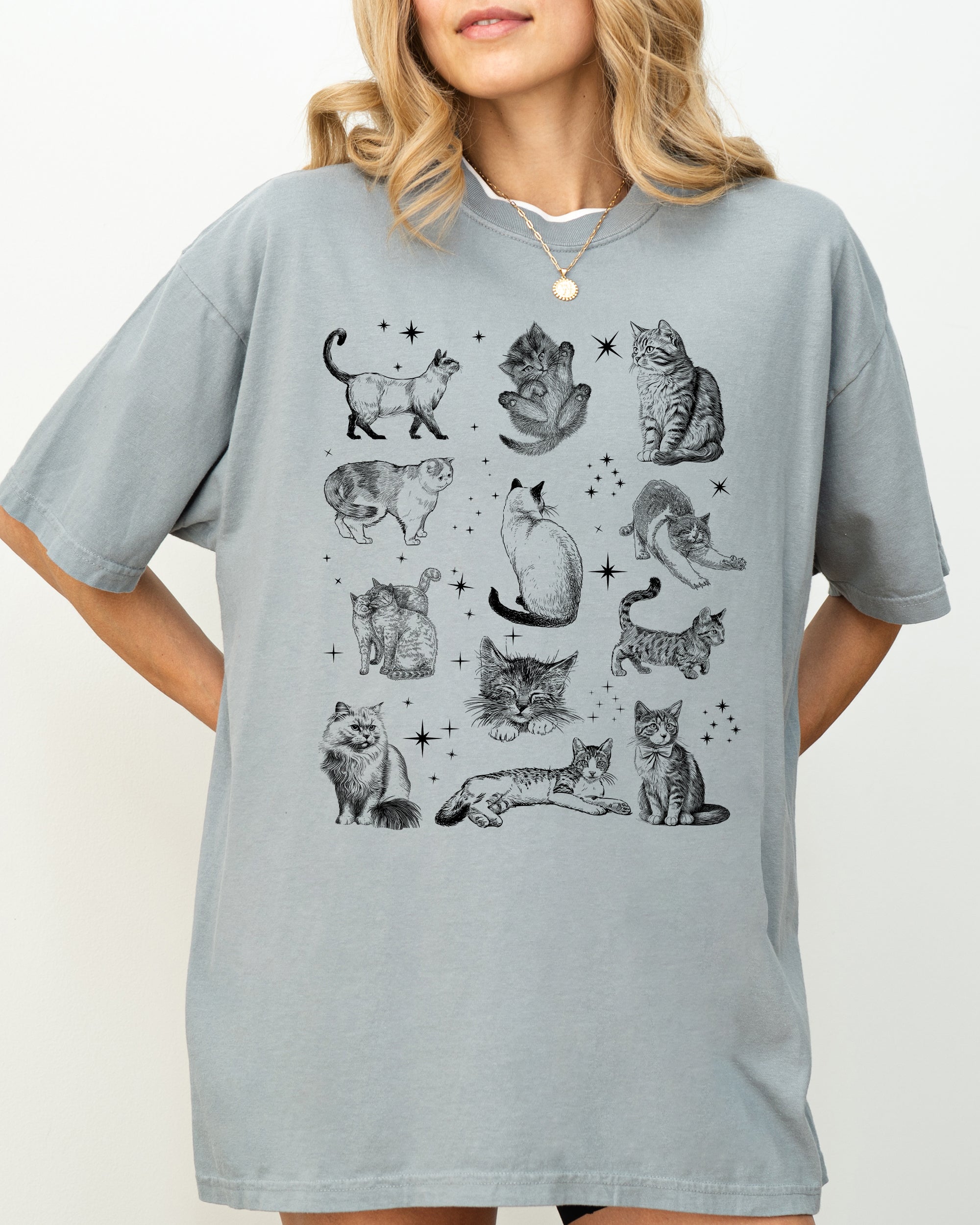 Magical Cats Vintage Hand Drawn Tarot Sparkles Kitten Breeds Illustration Comfort Colors Tee