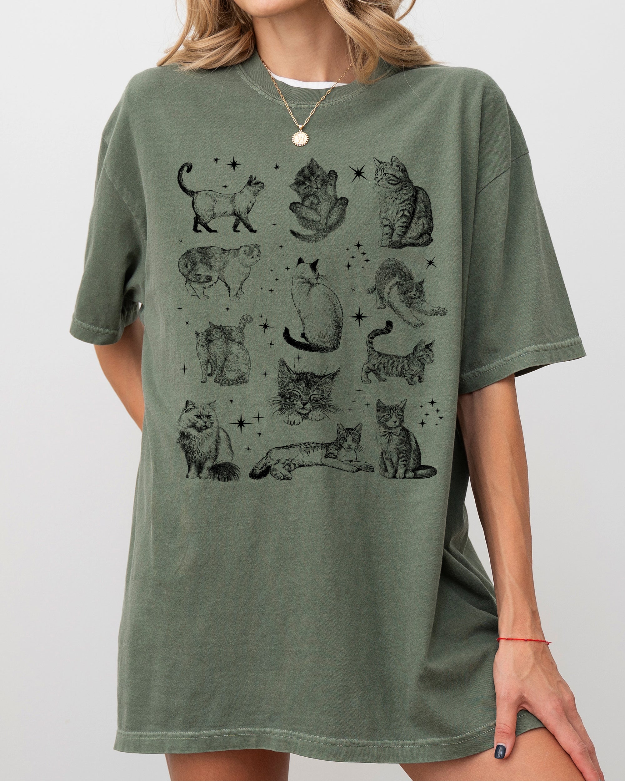 Magical Cats Vintage Hand Drawn Tarot Sparkles Kitten Breeds Illustration Comfort Colors Tee