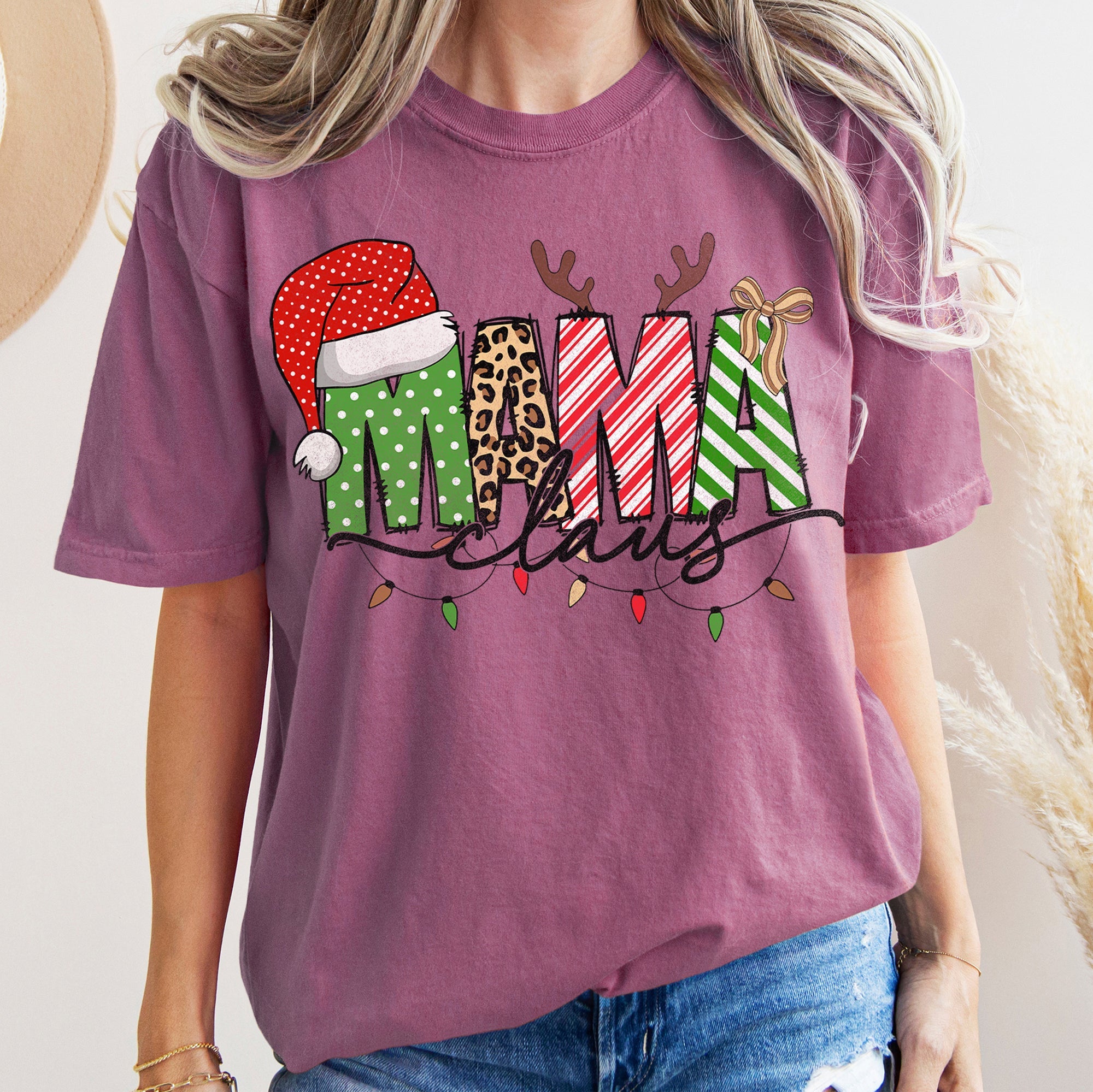 Mama Claus Santa Plaid Leopard Print Christmas Festive Pattern Comfort Colors Tee