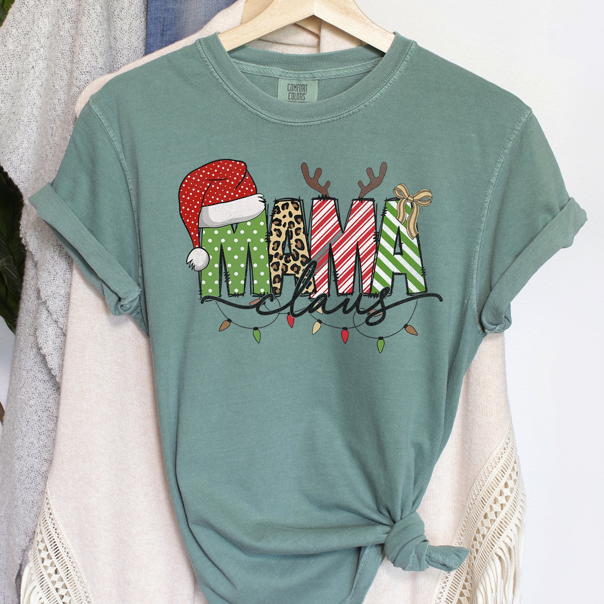 Mama Claus Santa Plaid Leopard Print Christmas Festive Pattern Comfort Colors Tee