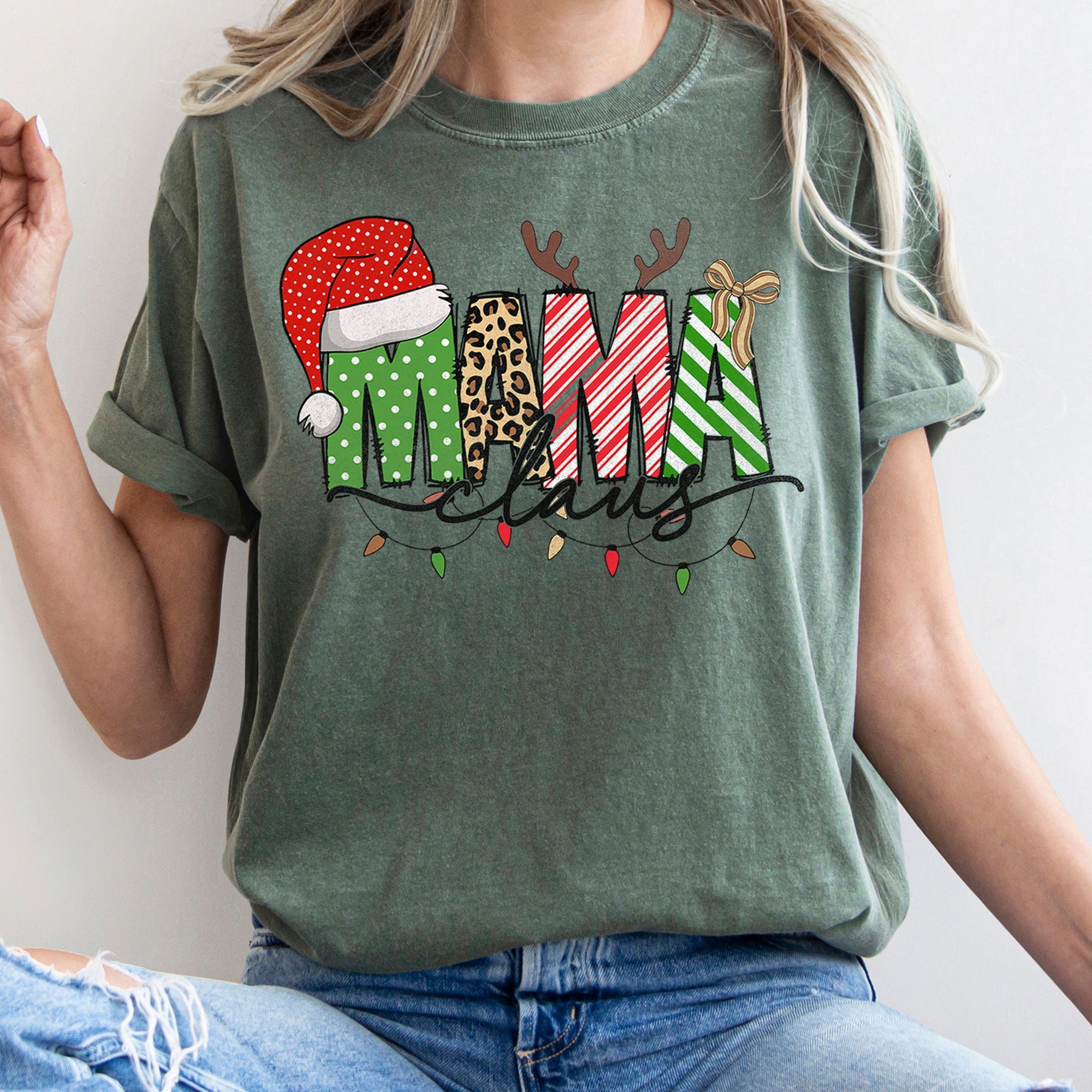 Mama Claus Santa Plaid Leopard Print Christmas Festive Pattern Comfort Colors Tee