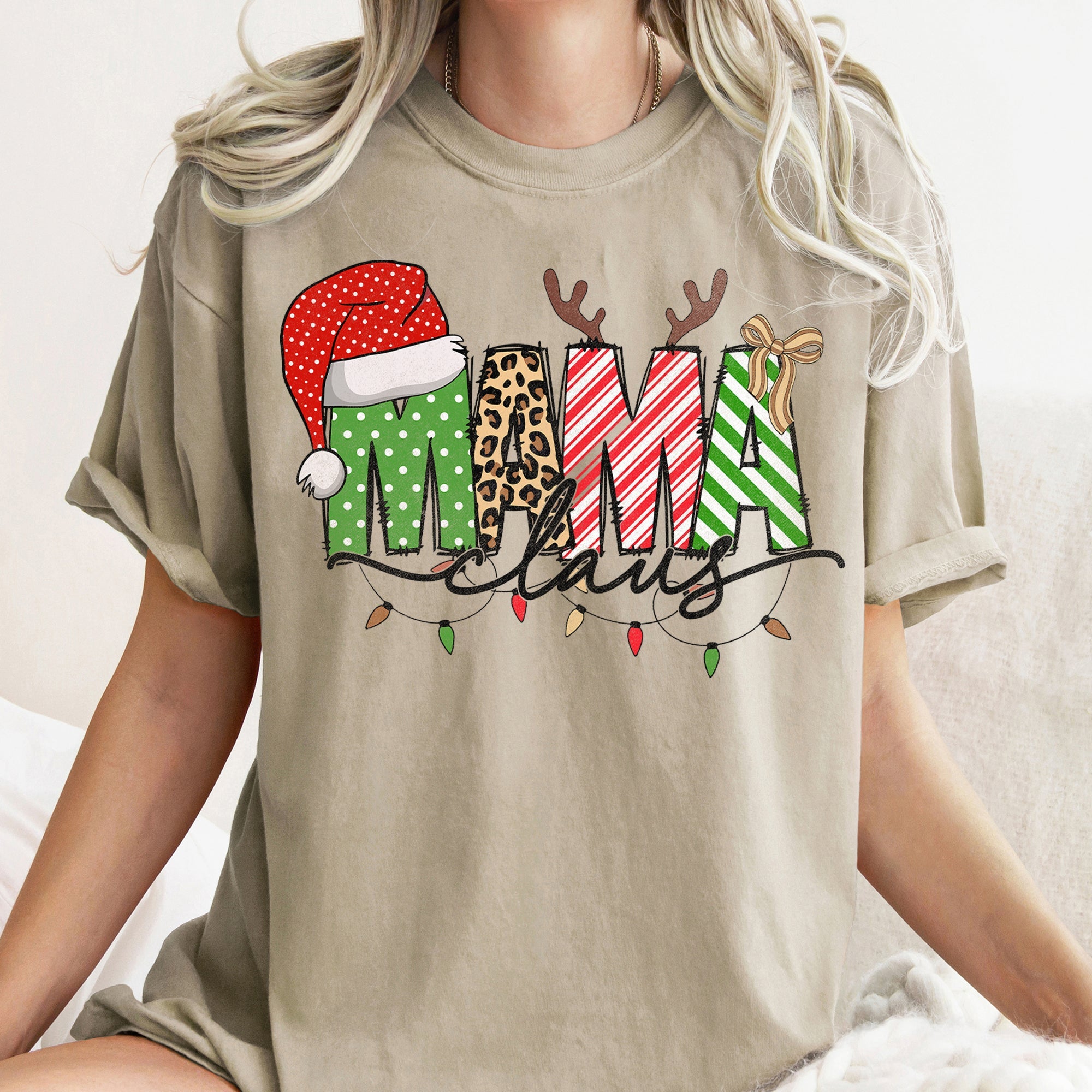 Mama Claus Santa Plaid Leopard Print Christmas Festive Pattern Comfort Colors Tee