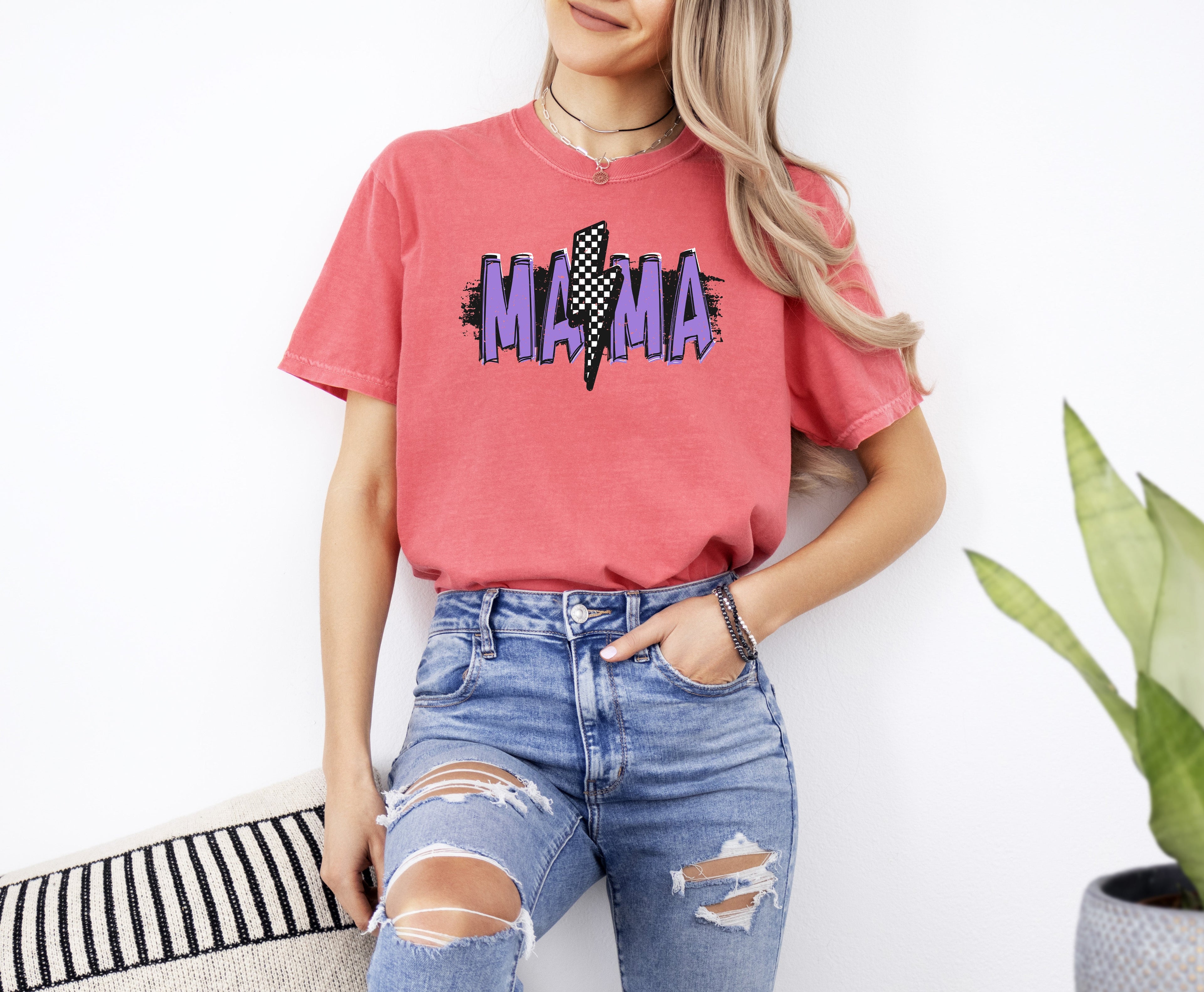 Mama Lightening Bolt Retro Checkered Mother's Day Mom Gift Vintage Edition Comfort Colors Tee