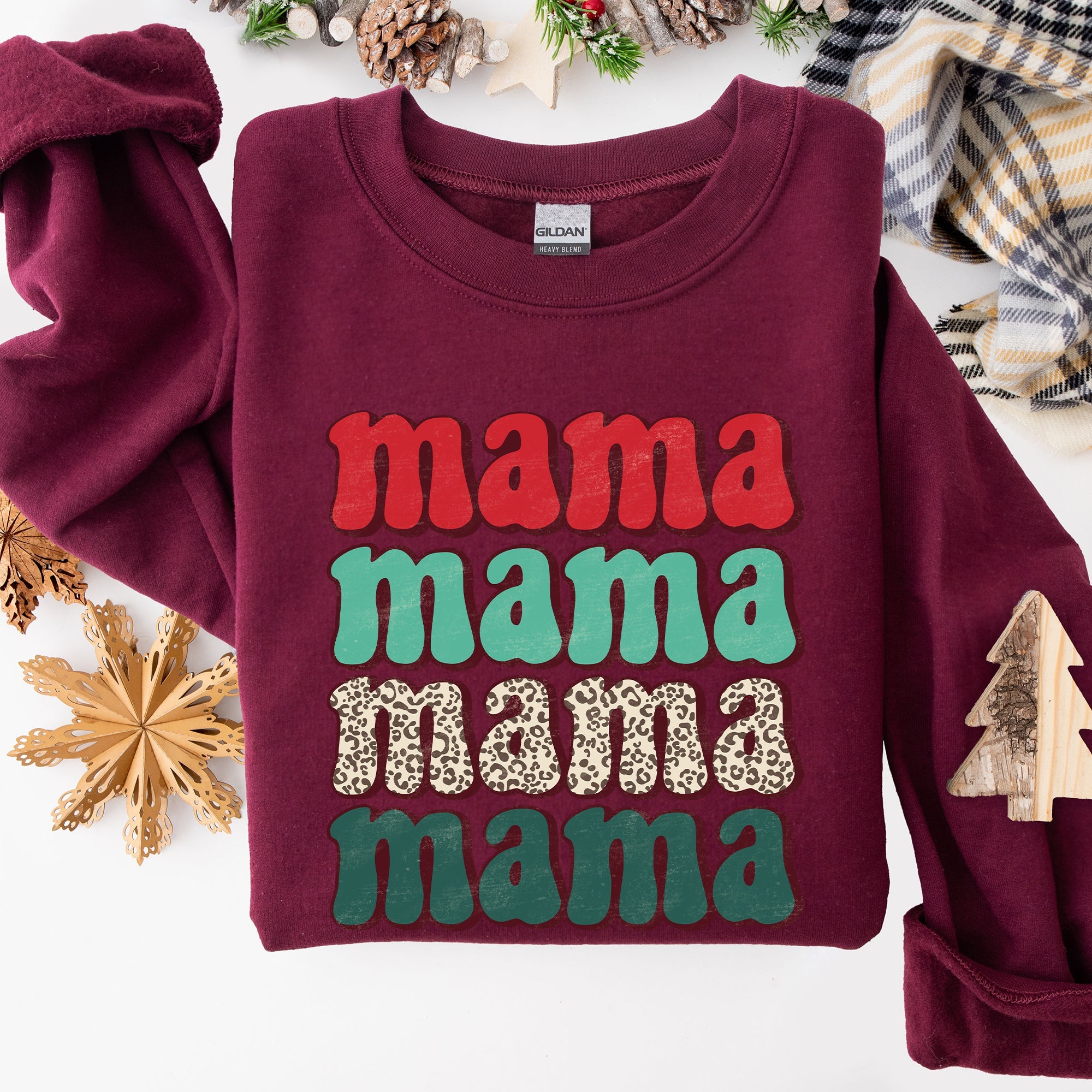 Mama Mama Mama Mama Christmas Xmas Leopard Print Santa Retro Winter Graphic Sweatshirt