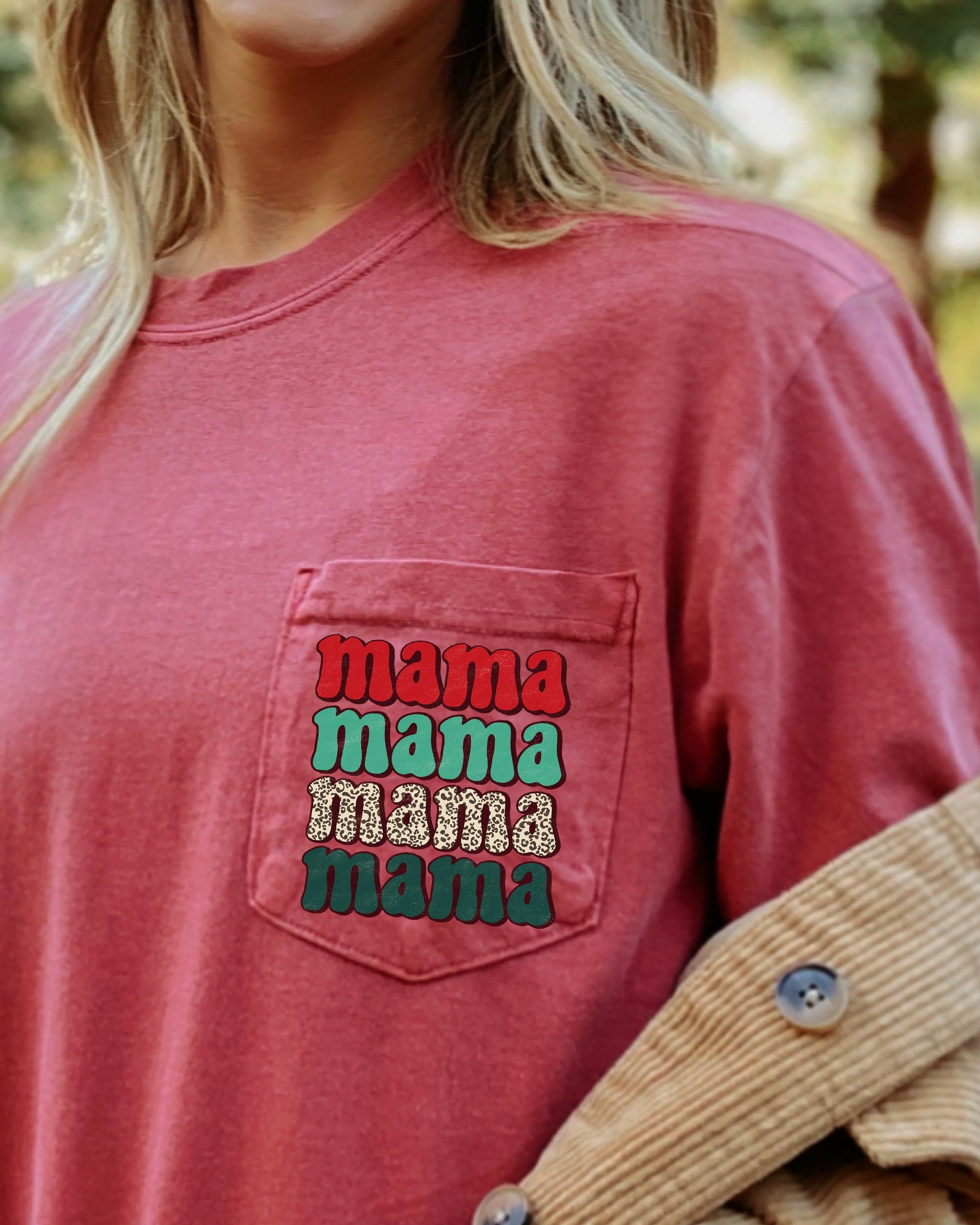 Mama Mama Mama Mama Christmas Pocket Leopard Print Red Green Winter Snow Xmas Comfort Colors Tee