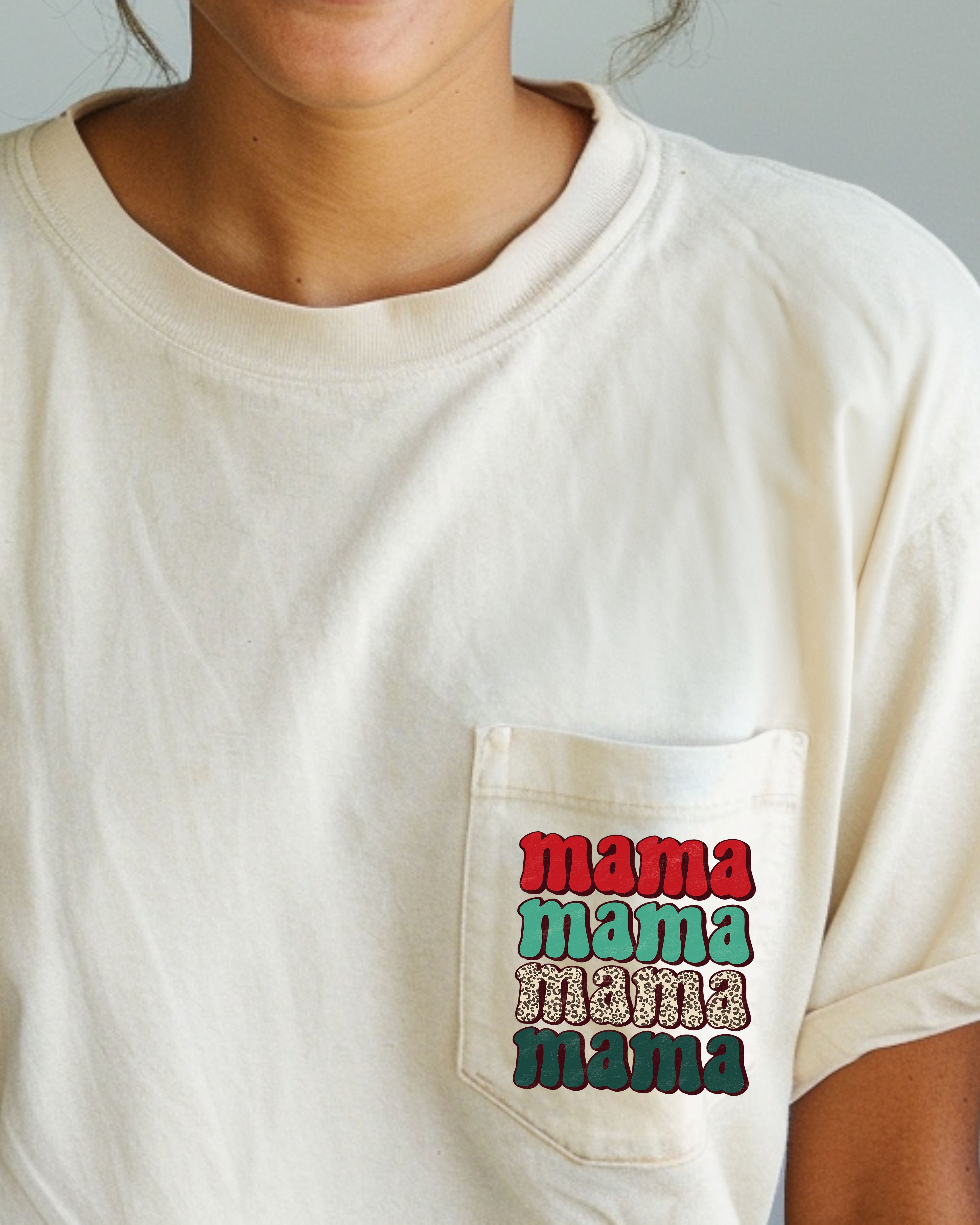 Mama Mama Mama Mama Christmas Pocket Leopard Print Red Green Winter Snow Xmas Comfort Colors Tee