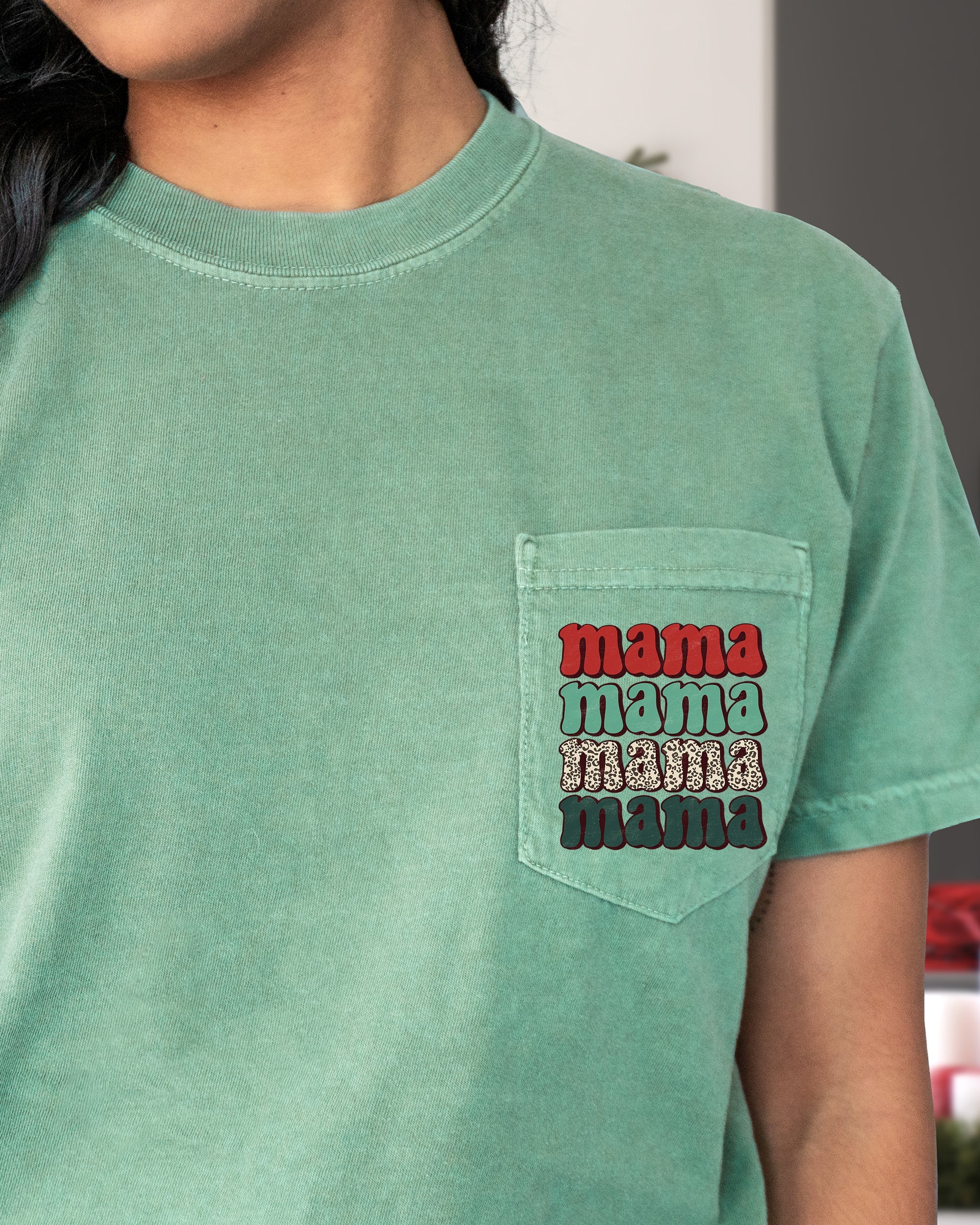Mama Mama Mama Mama Christmas Pocket Leopard Print Red Green Winter Snow Xmas Comfort Colors Tee