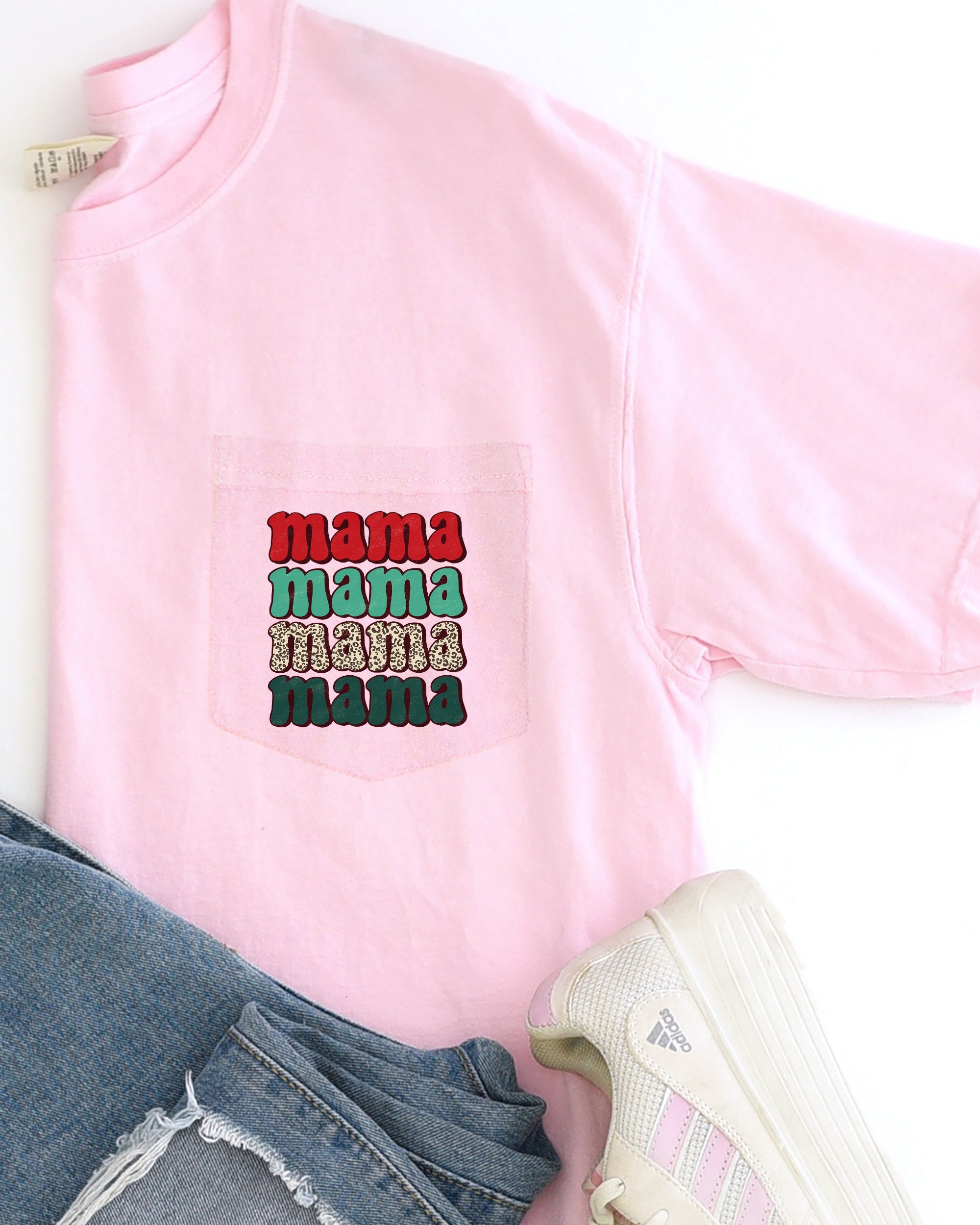 Mama Mama Mama Mama Christmas Pocket Leopard Print Red Green Winter Snow Xmas Comfort Colors Tee