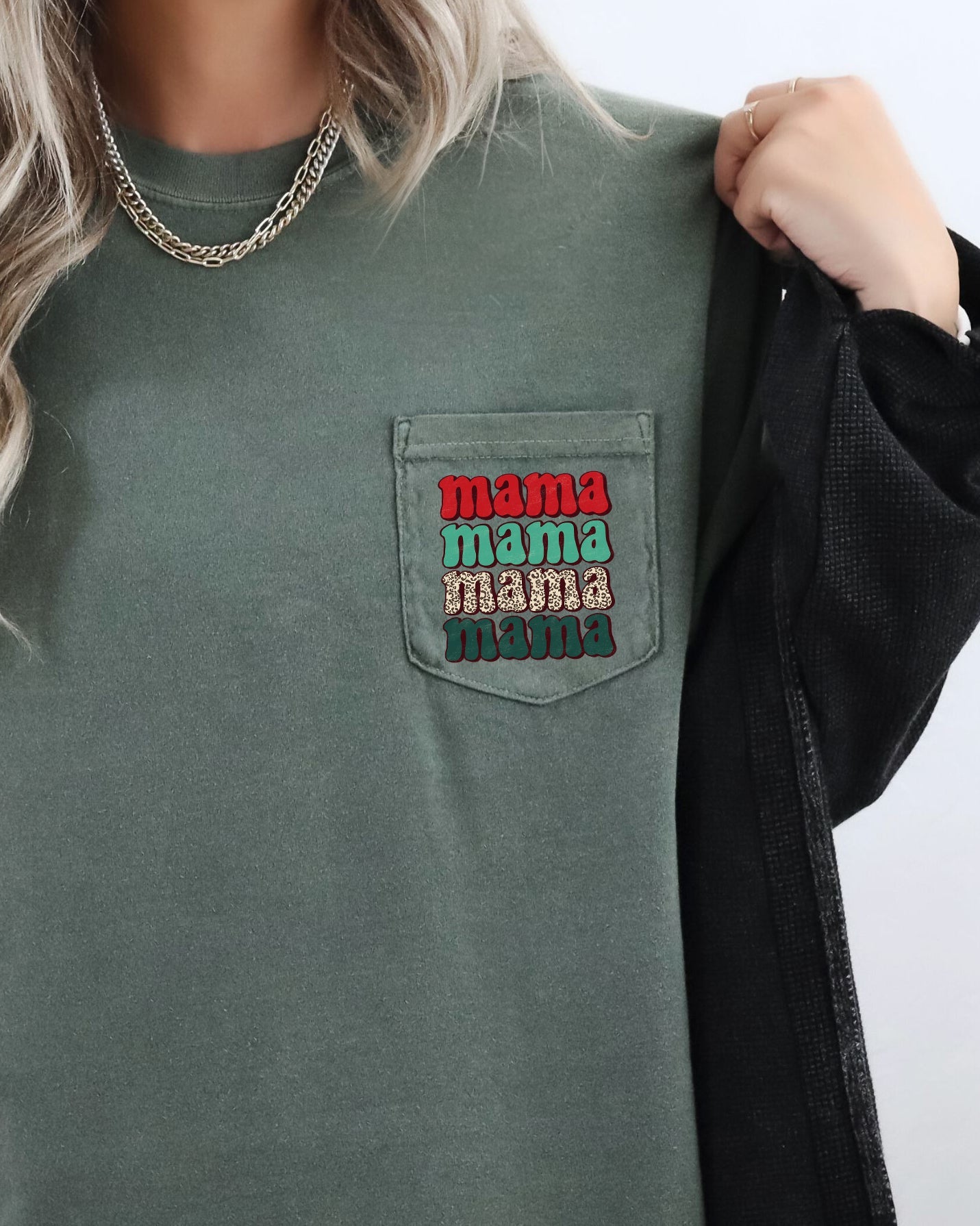 Mama Mama Mama Mama Christmas Pocket Leopard Print Red Green Winter Snow Xmas Comfort Colors Tee
