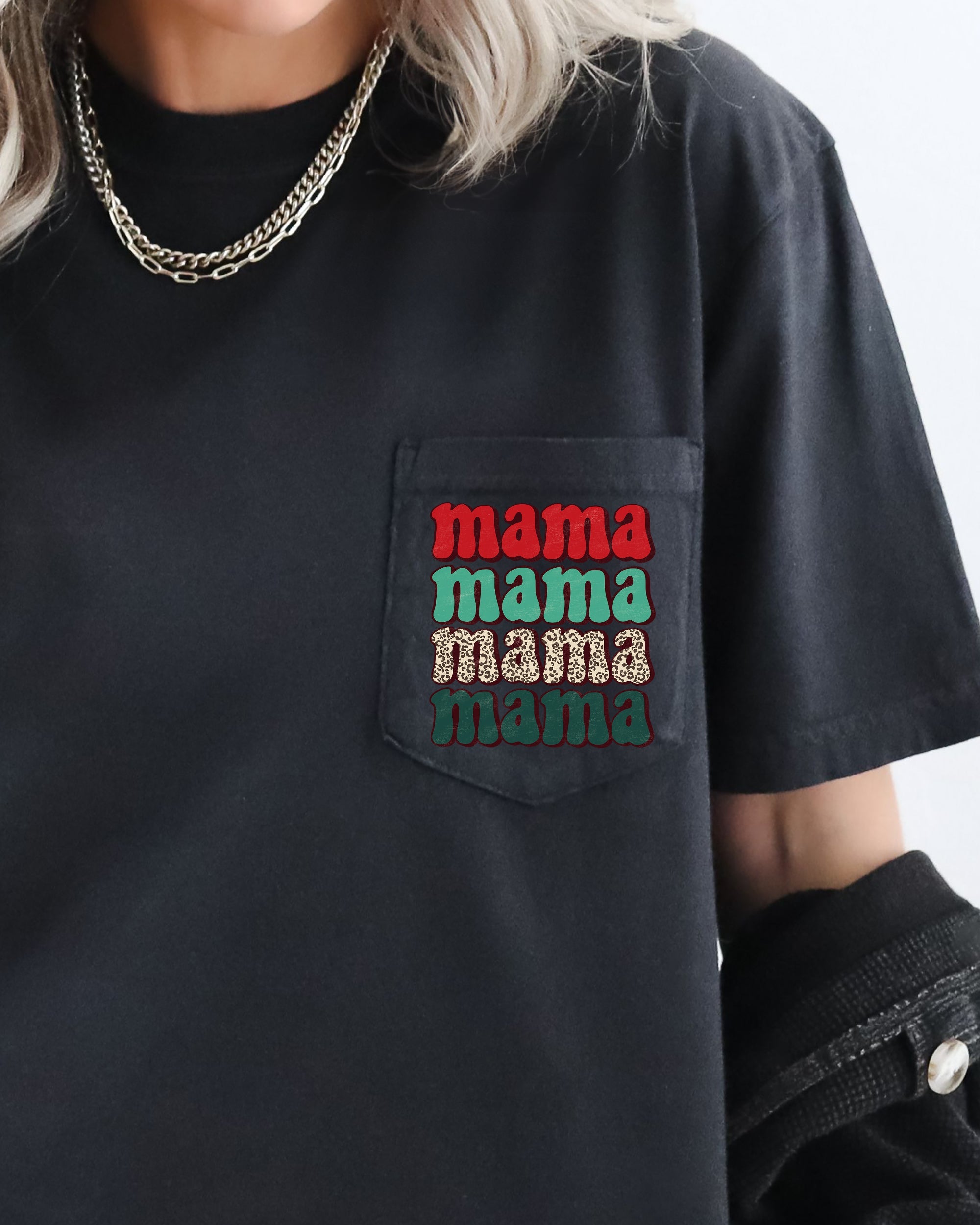 Mama Mama Mama Mama Christmas Pocket Leopard Print Red Green Winter Snow Xmas Comfort Colors Tee