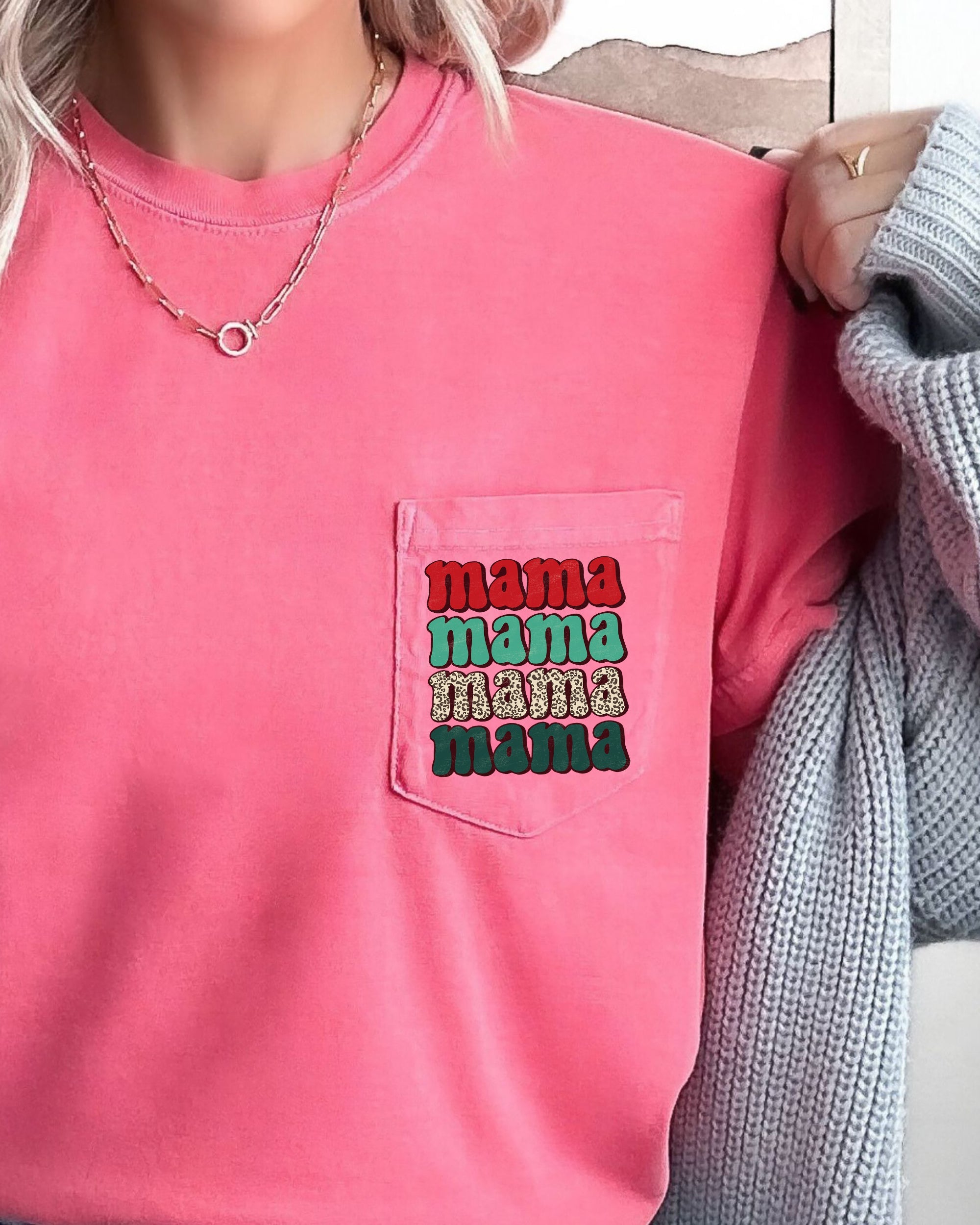 Mama Mama Mama Mama Christmas Pocket Leopard Print Red Green Winter Snow Xmas Comfort Colors Tee