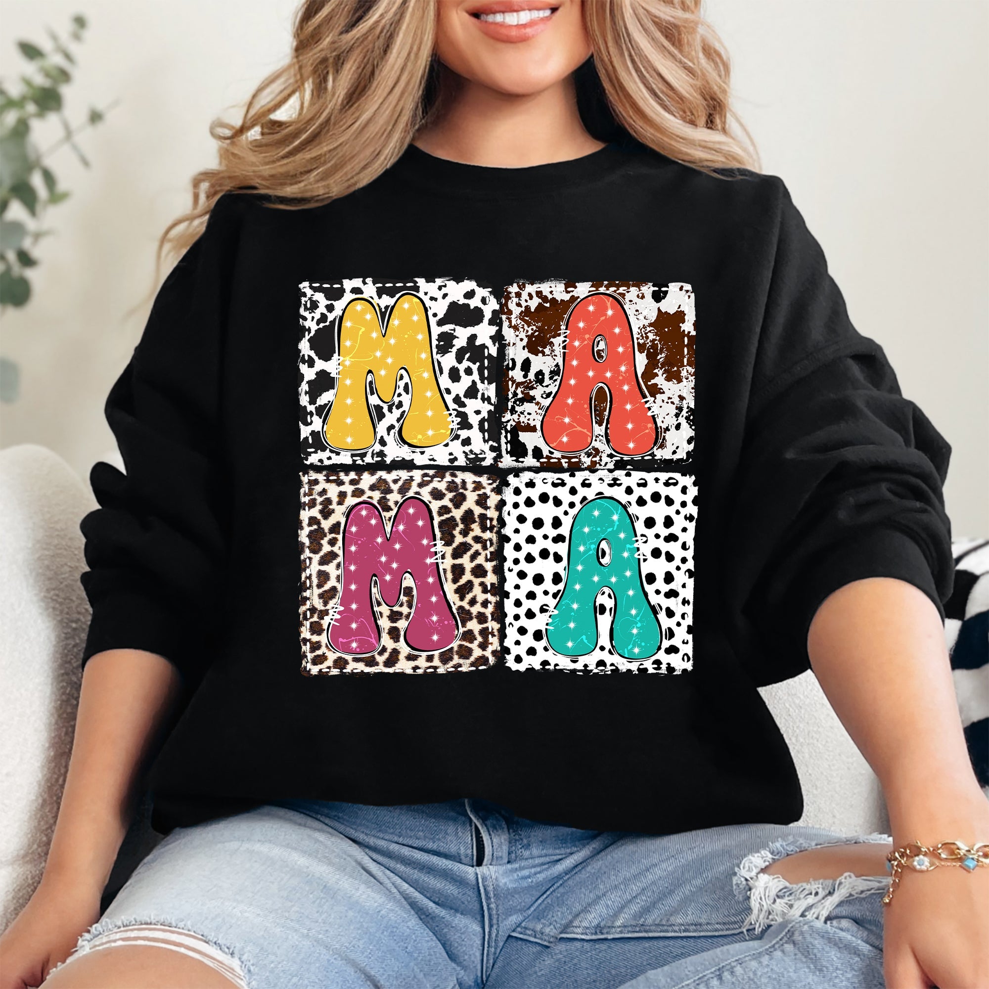 Mama Bold Animal Print Leopard Cow Dalmatian Retro Mother's Day Graphic Sweatshirt