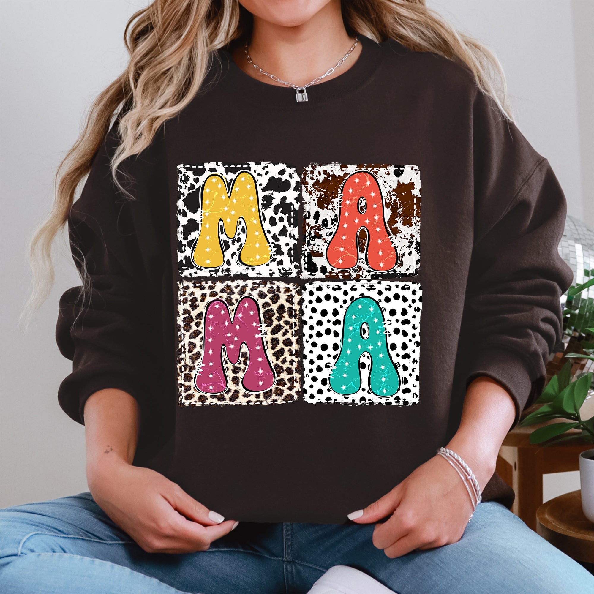 Mama Bold Animal Print Leopard Cow Dalmatian Retro Mother's Day Graphic Sweatshirt