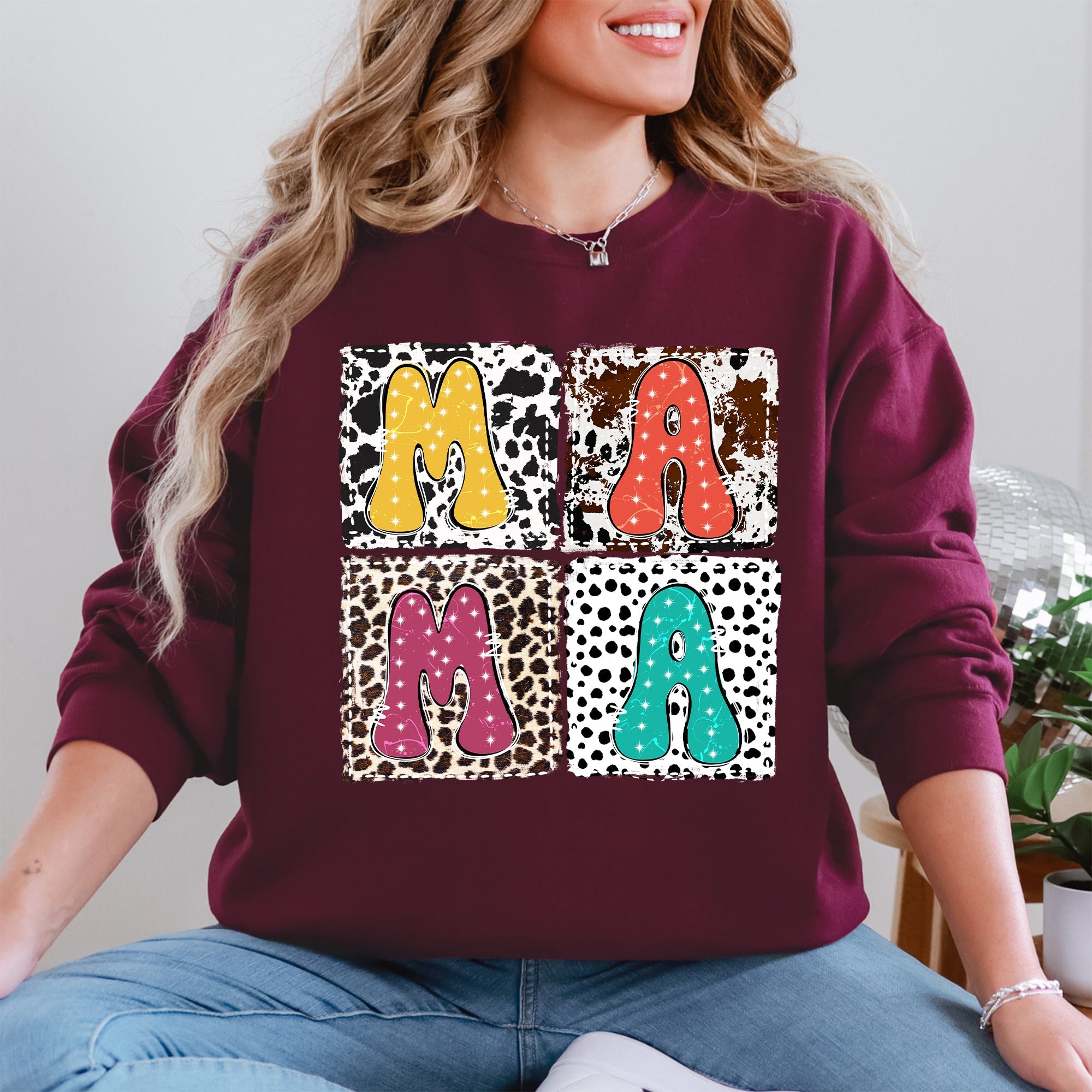 Mama Bold Animal Print Leopard Cow Dalmatian Retro Mother's Day Graphic Sweatshirt