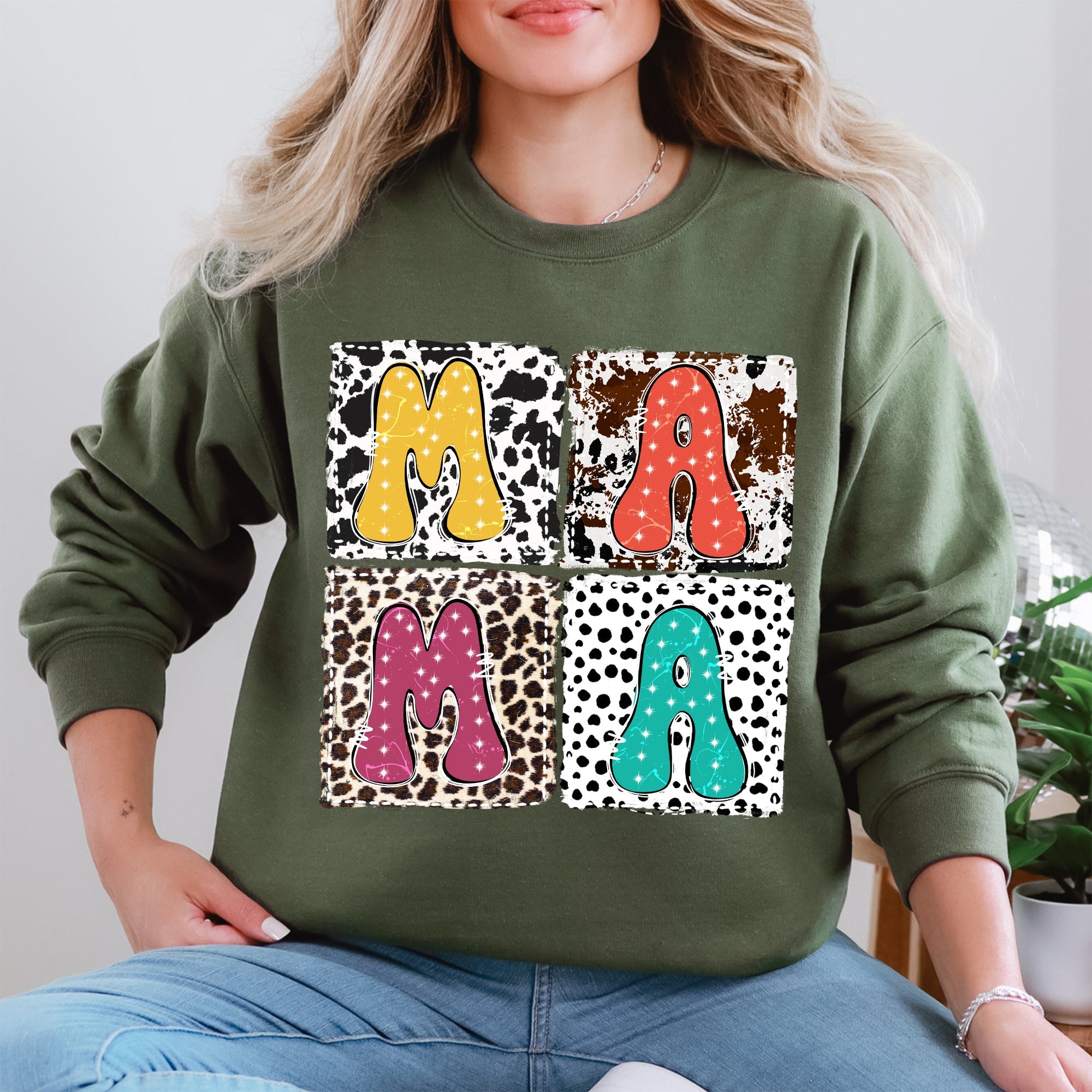 Mama Bold Animal Print Leopard Cow Dalmatian Retro Mother's Day Graphic Sweatshirt
