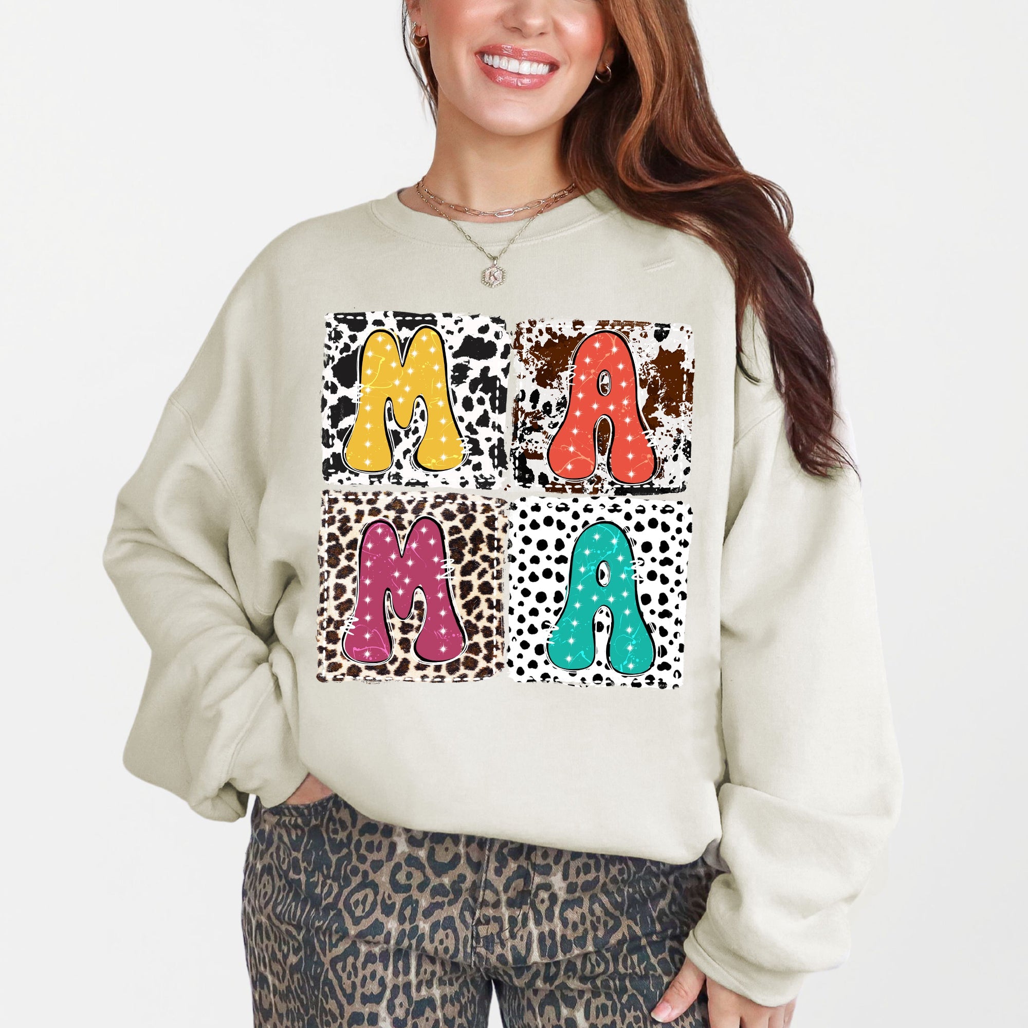 Mama Bold Animal Print Leopard Cow Dalmatian Retro Mother's Day Graphic Sweatshirt