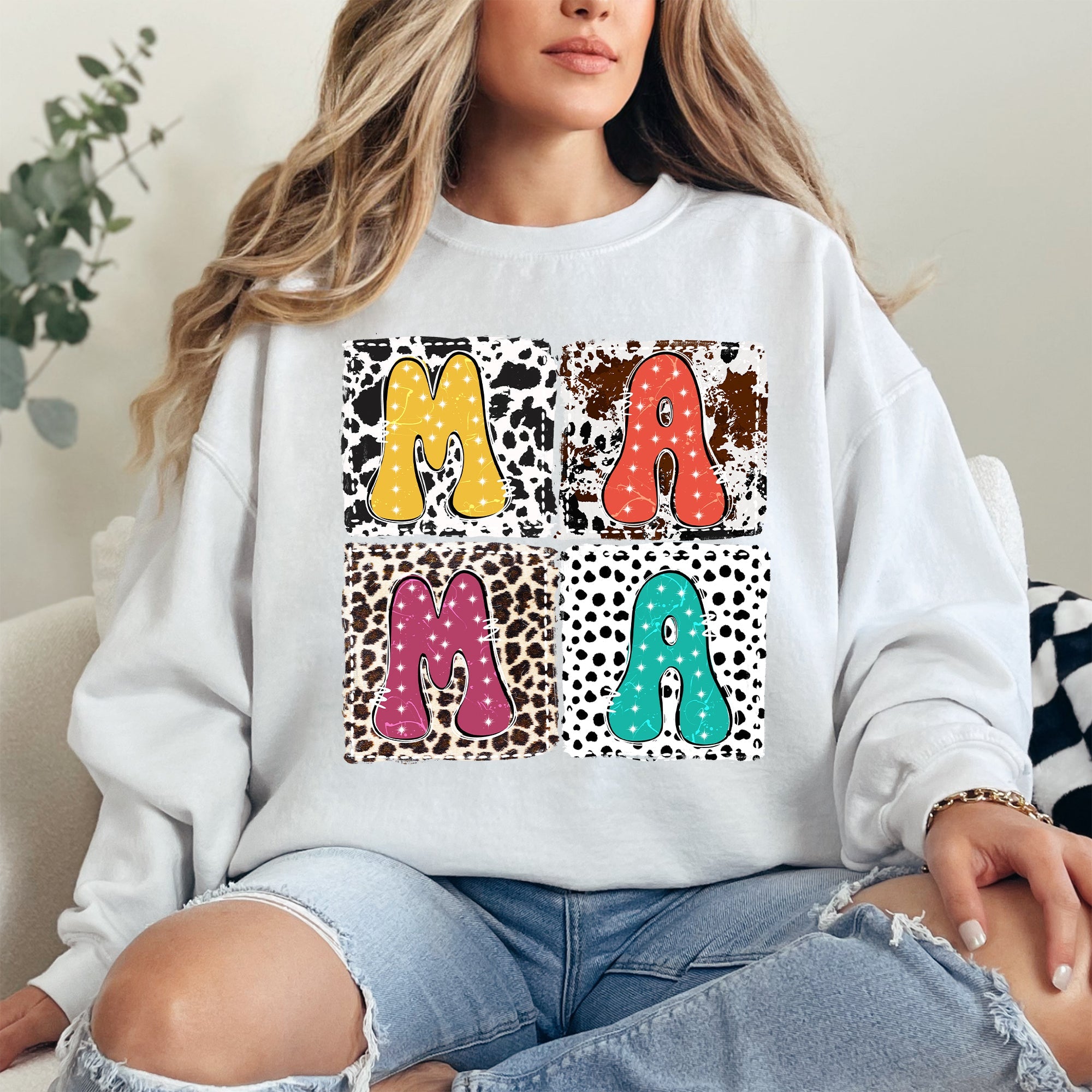 Mama Bold Animal Print Leopard Cow Dalmatian Retro Mother's Day Graphic Sweatshirt