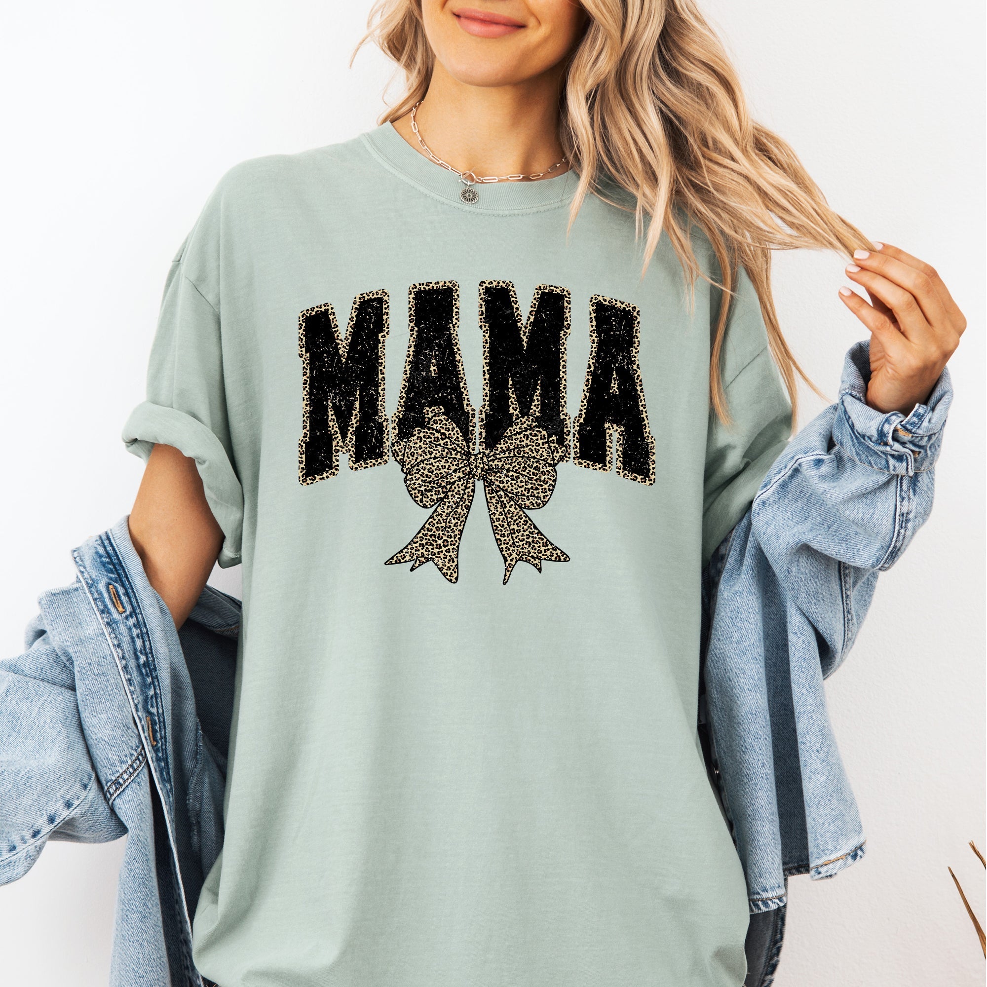 Mama Leopard Print Bow Ribbon Mother's Day Vintage Style Fashion Comfort Colors Tee