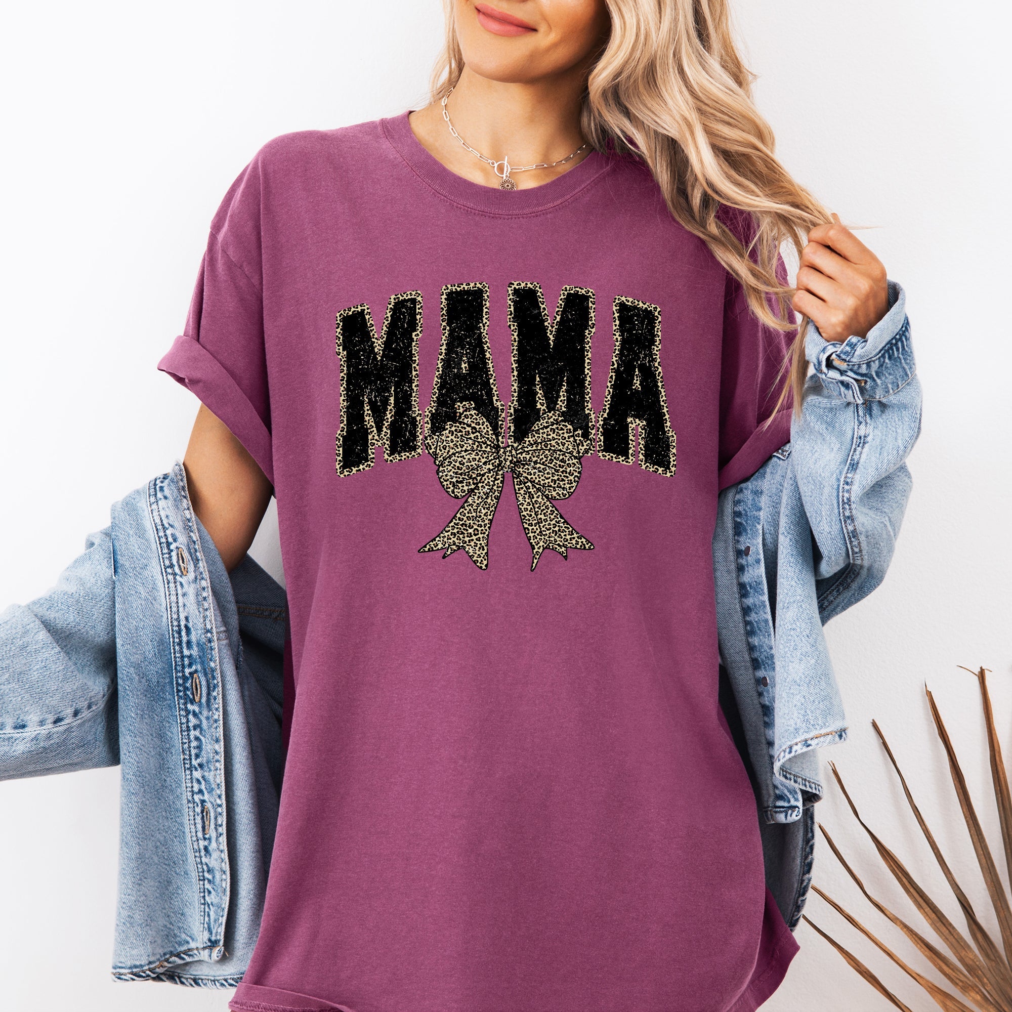 Mama Leopard Print Bow Ribbon Mother's Day Vintage Style Fashion Comfort Colors Tee