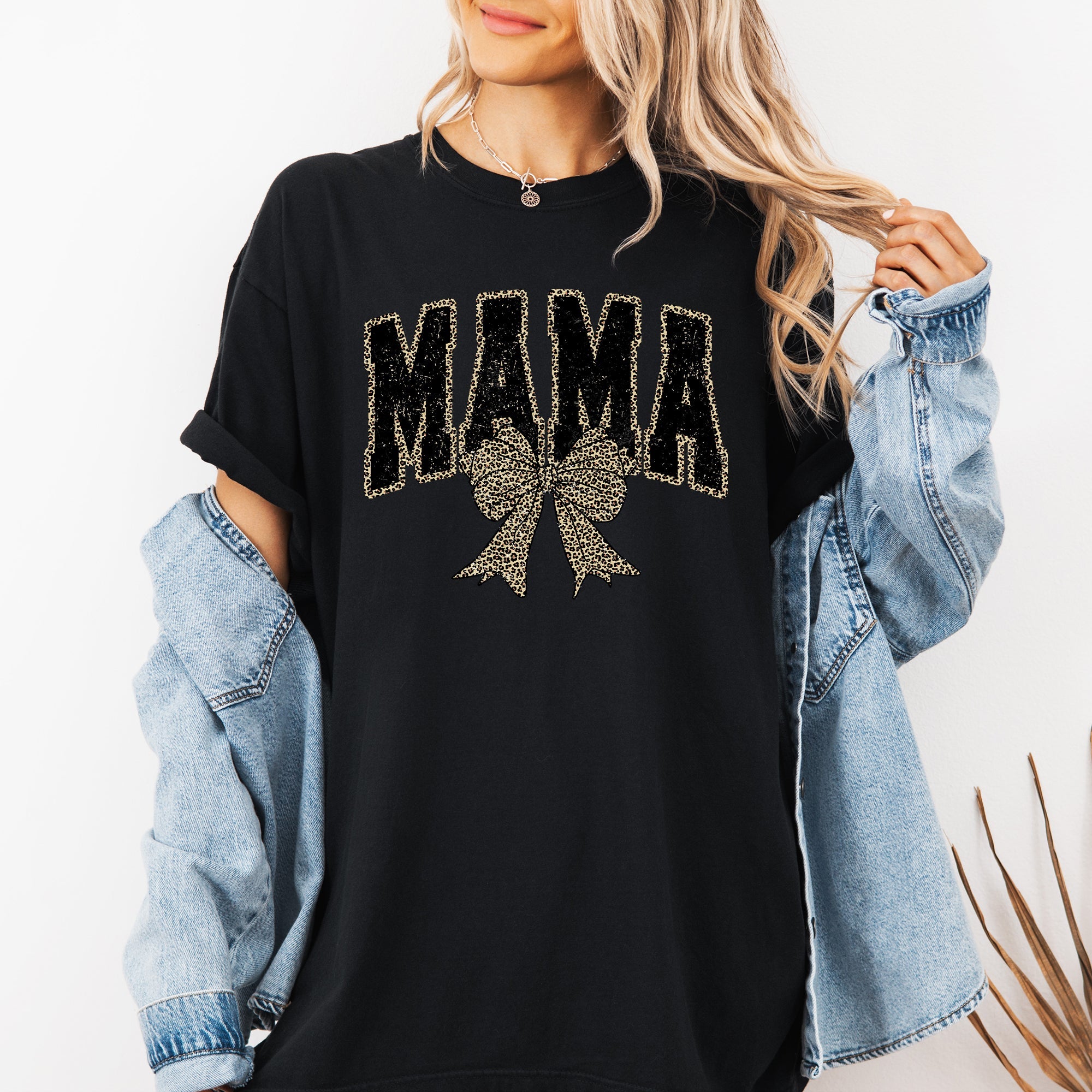 Mama Leopard Print Bow Ribbon Mother's Day Vintage Style Fashion Comfort Colors Tee