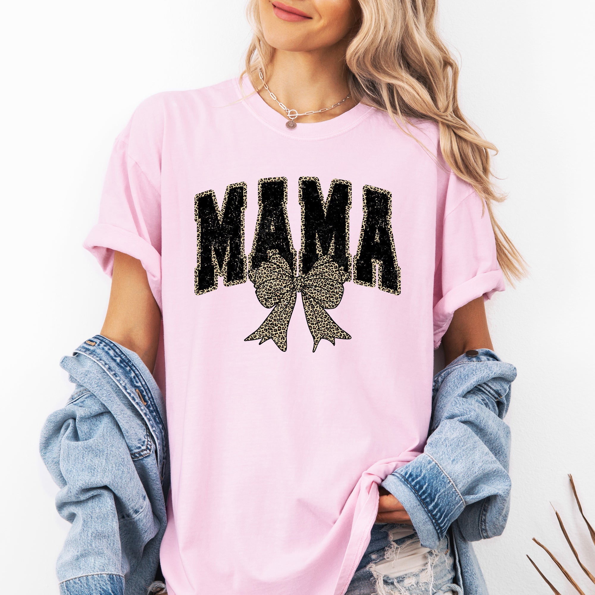 Mama Leopard Print Bow Ribbon Mother's Day Vintage Style Fashion Comfort Colors Tee