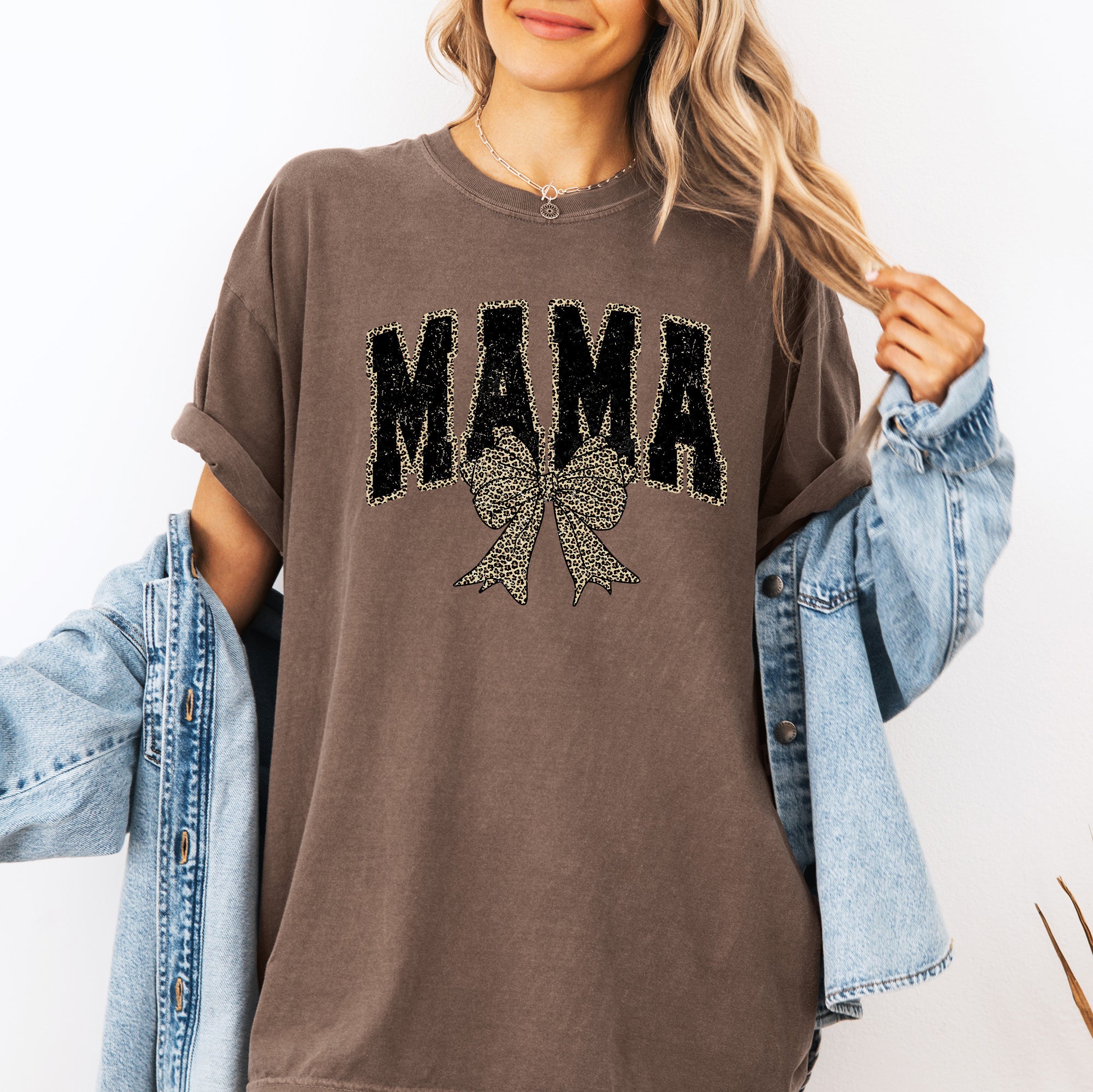 Mama Leopard Print Bow Ribbon Mother's Day Vintage Style Fashion Comfort Colors Tee