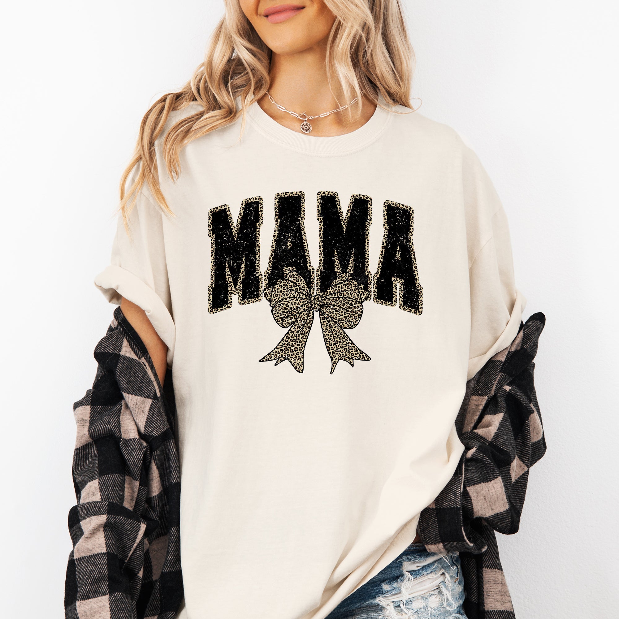 Mama Leopard Print Bow Ribbon Mother's Day Vintage Style Fashion Comfort Colors Tee