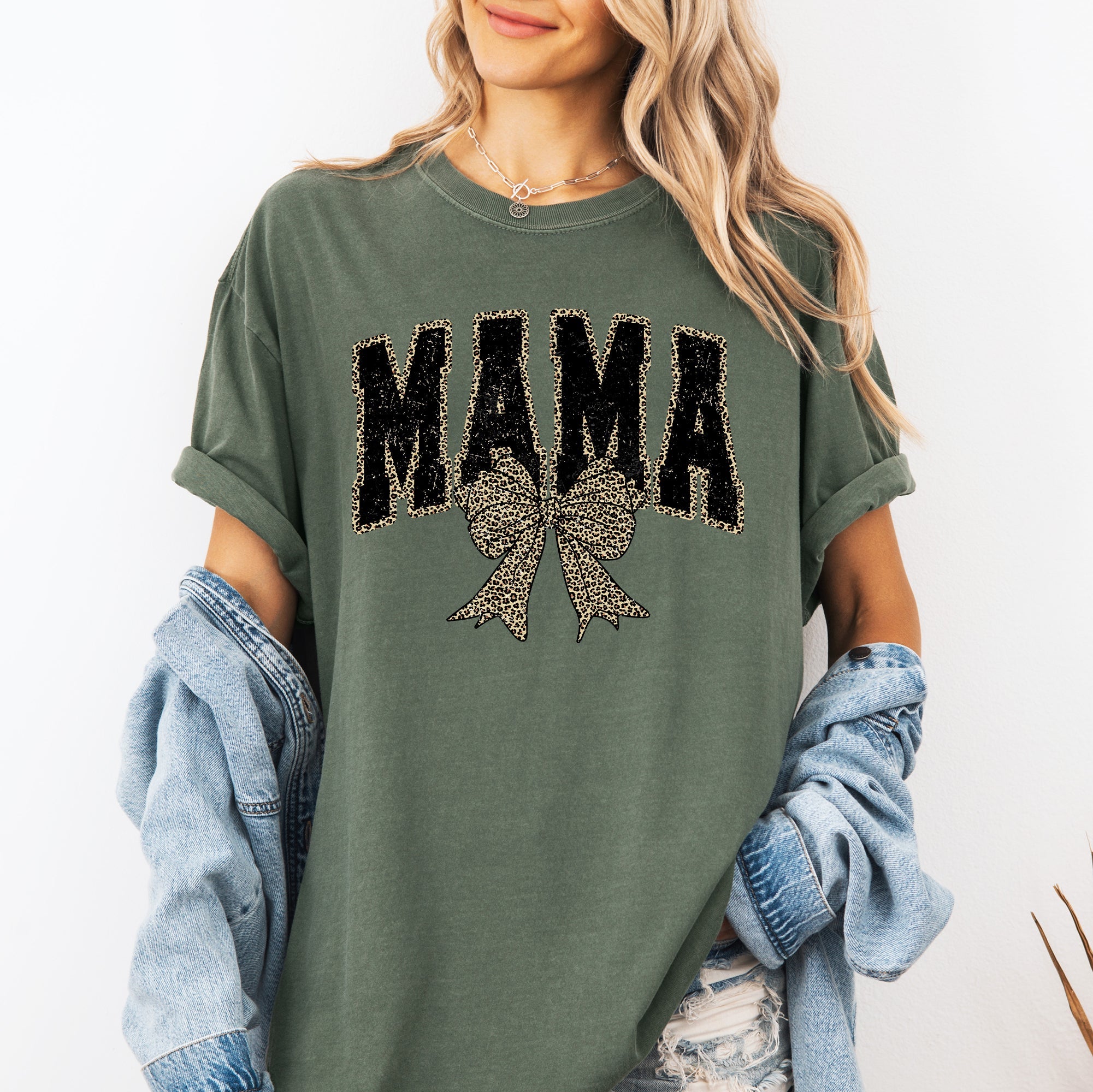 Mama Leopard Print Bow Ribbon Mother's Day Vintage Style Fashion Comfort Colors Tee