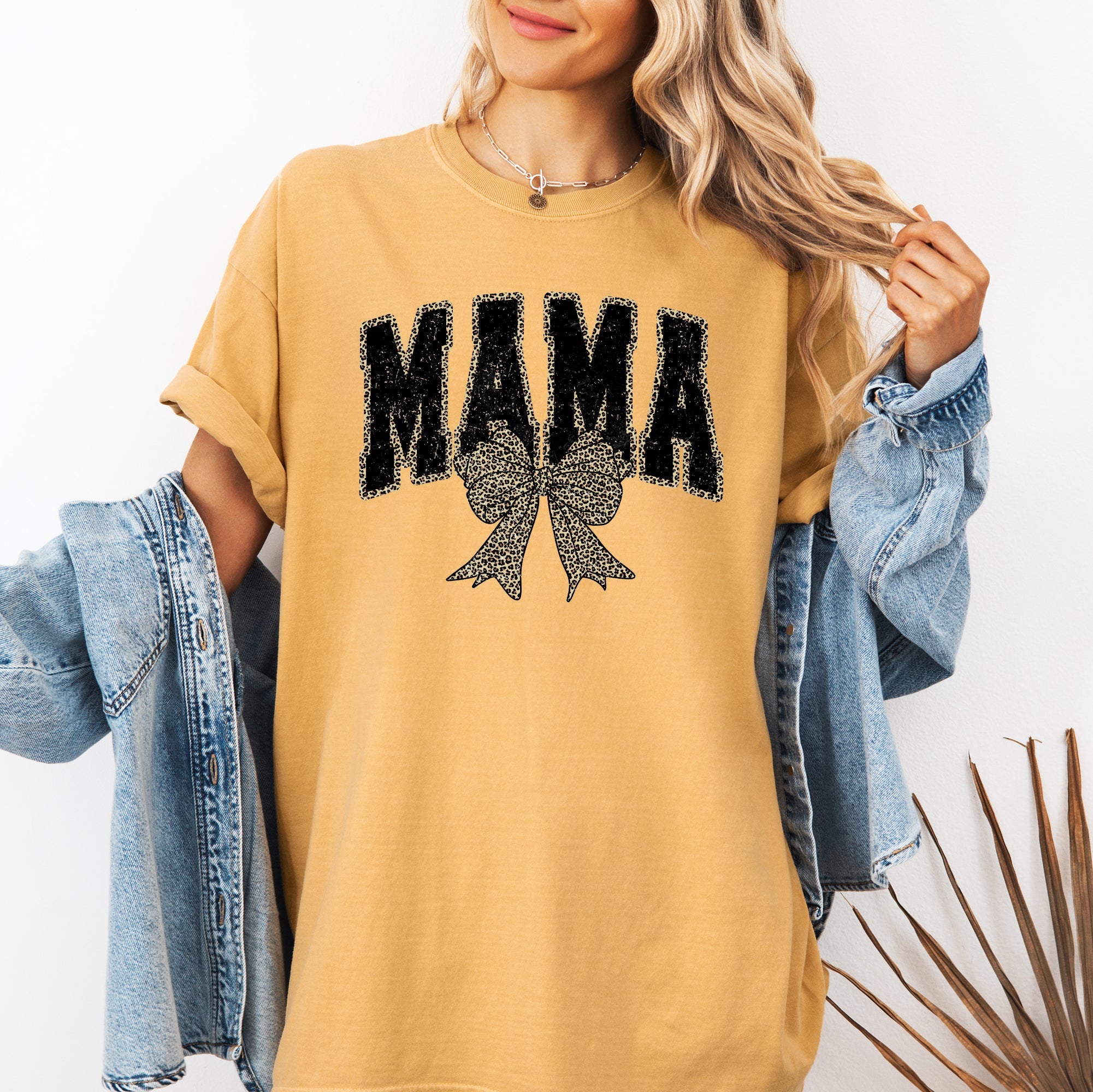 Mama Leopard Print Bow Ribbon Mother's Day Vintage Style Fashion Comfort Colors Tee