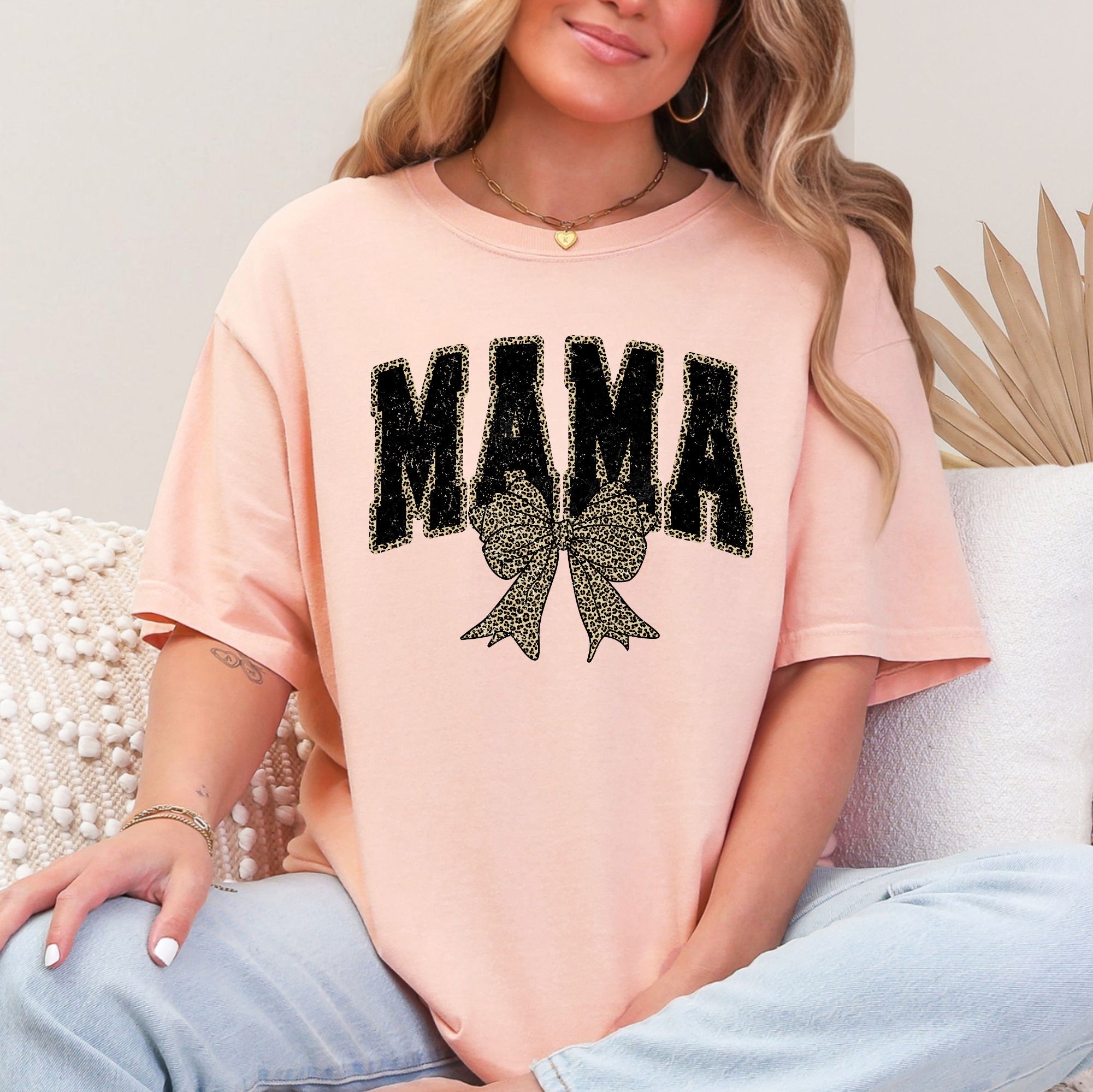 Mama Leopard Print Bow Ribbon Mother's Day Vintage Style Fashion Comfort Colors Tee