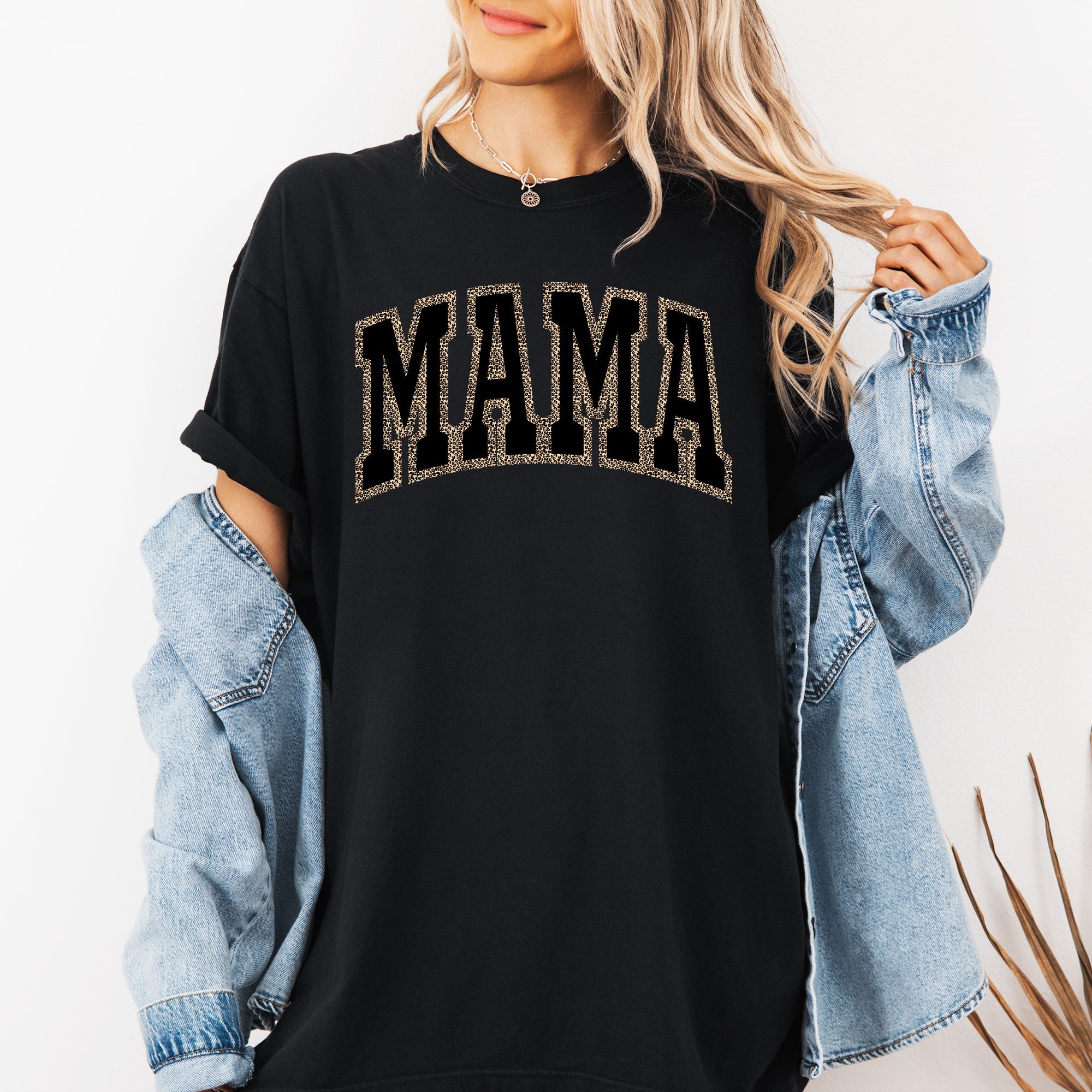 Mama Black Leopard Print Retro Vintage Varsity Mother's Day Classic Comfort Colors Tee