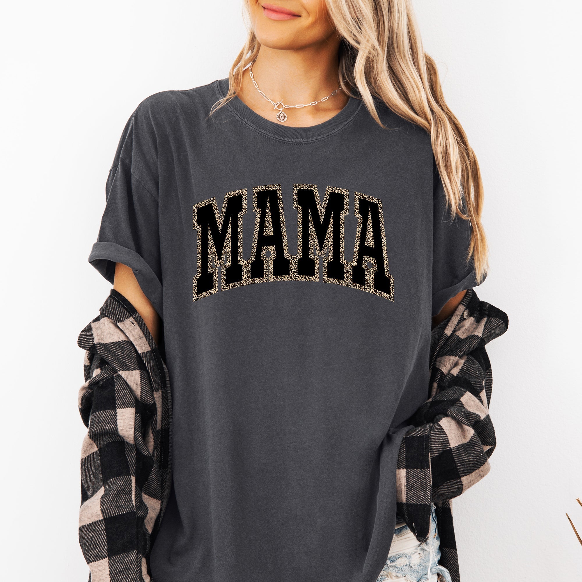 Mama Black Leopard Print Retro Vintage Varsity Mother's Day Classic Comfort Colors Tee