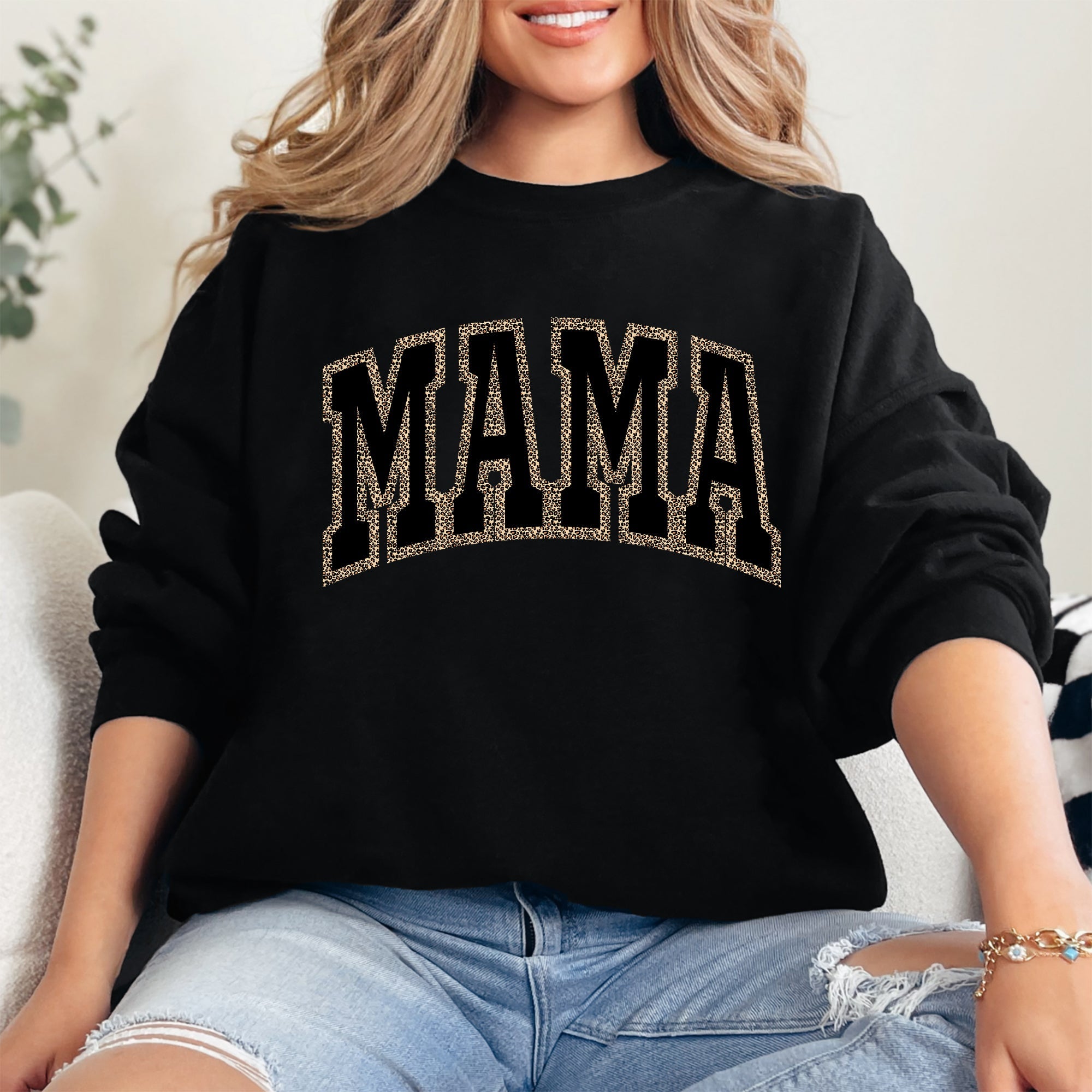 Mama Leopard Print Retro Vintage Varsity Mother's Day Cozy Warm Fleece Sweatshirt