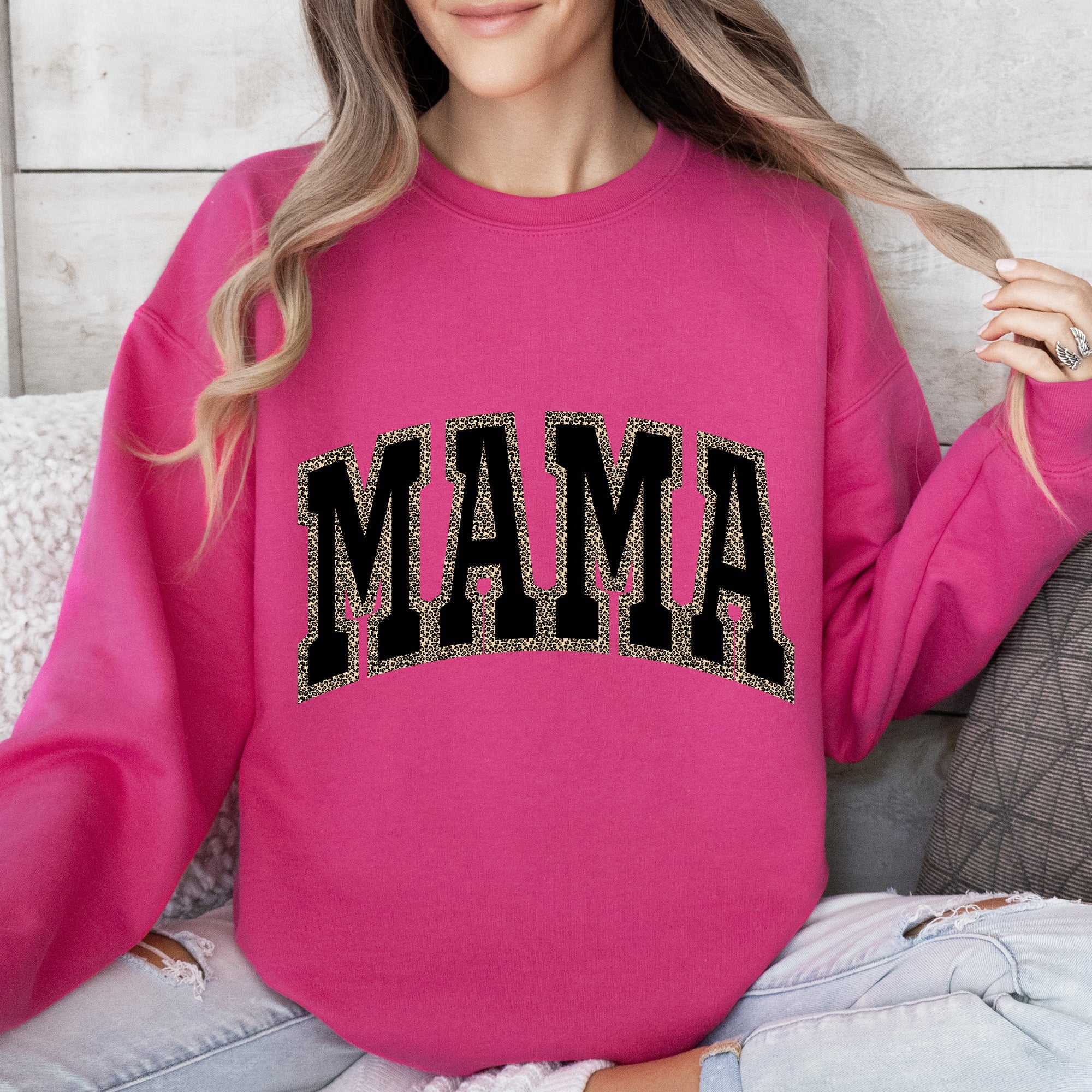 Mama Leopard Print Retro Vintage Varsity Mother's Day Cozy Warm Fleece Sweatshirt