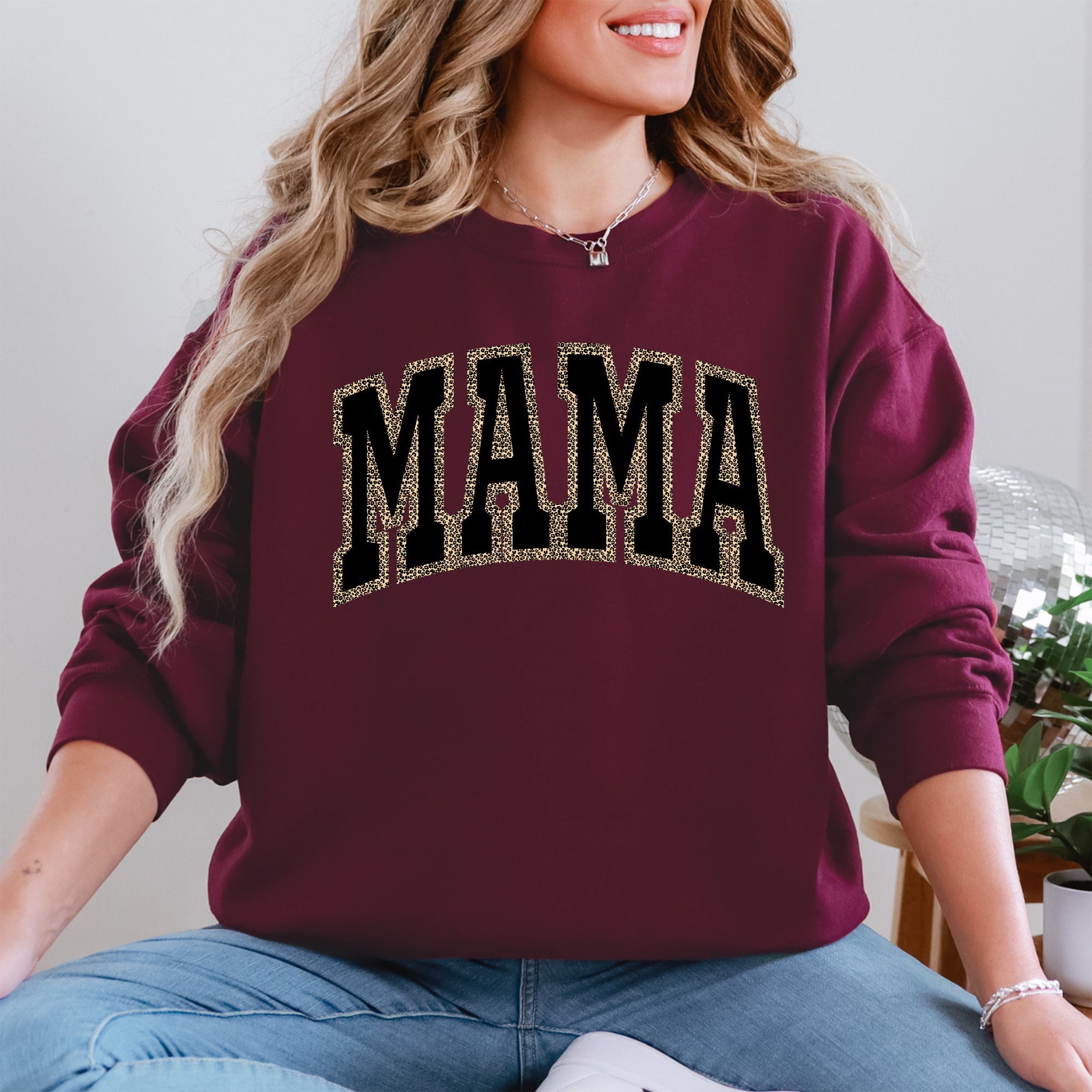 Mama Leopard Print Retro Vintage Varsity Mother's Day Cozy Warm Fleece Sweatshirt