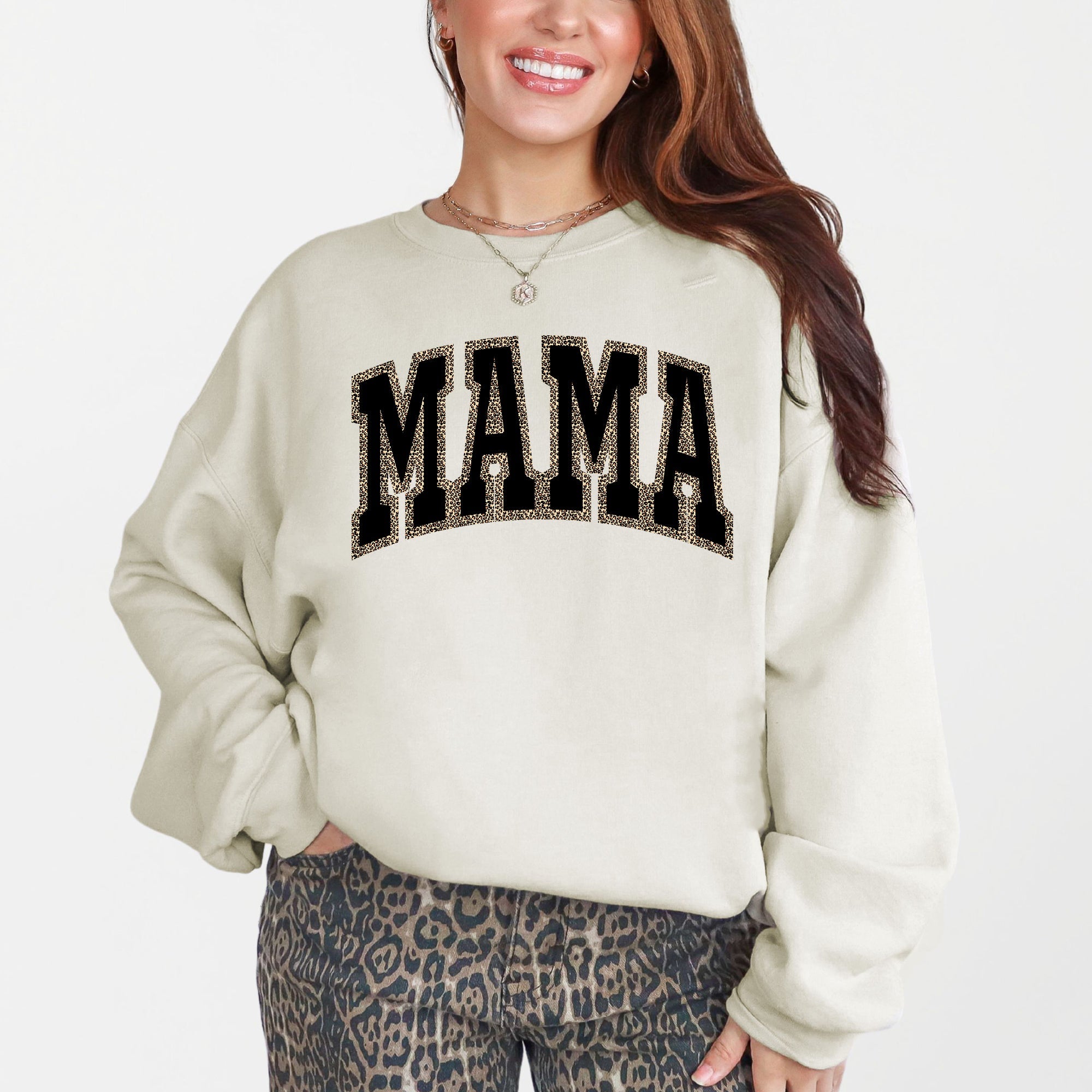 Mama Leopard Print Retro Vintage Varsity Mother's Day Cozy Warm Fleece Sweatshirt