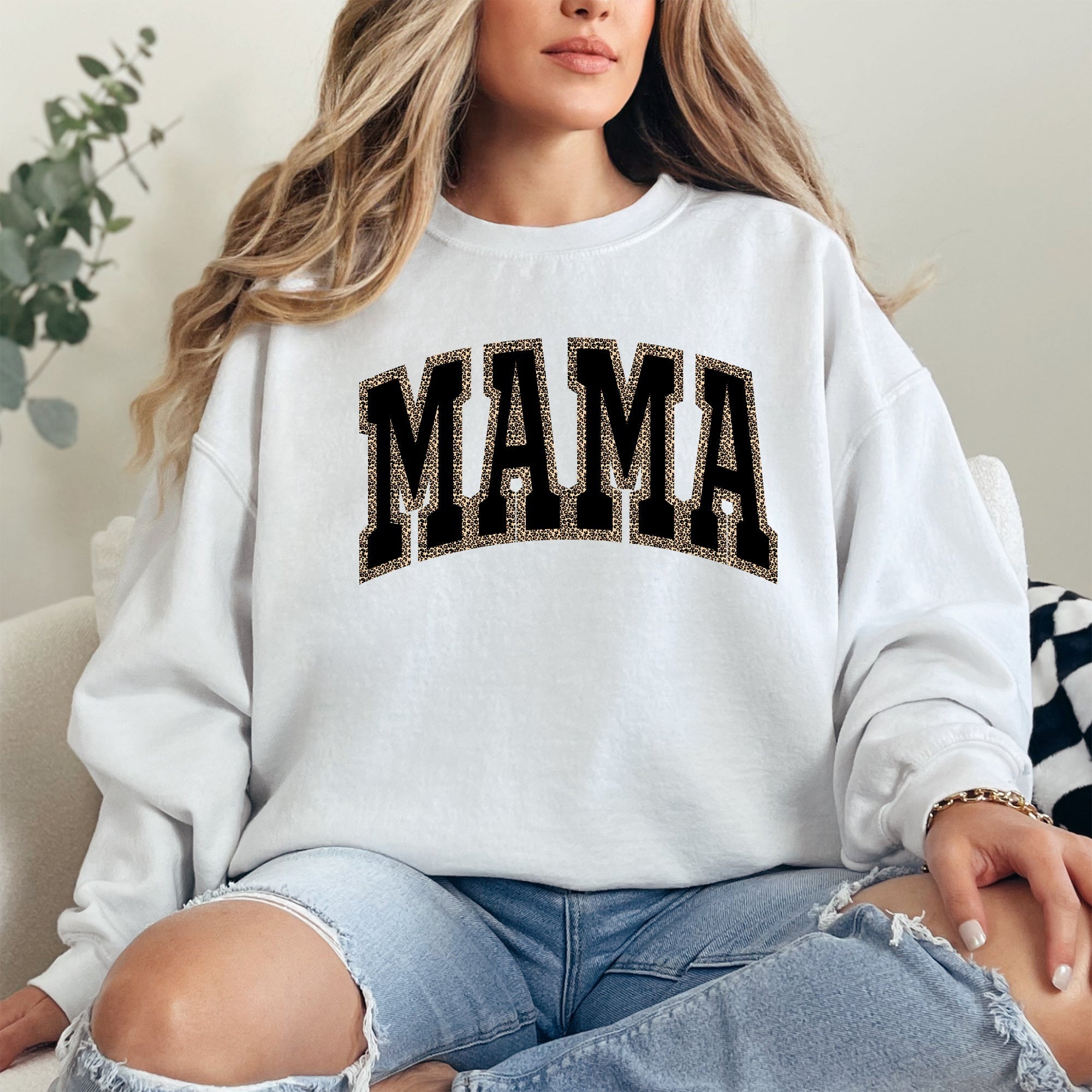 Mama Leopard Print Retro Vintage Varsity Mother's Day Cozy Warm Fleece Sweatshirt