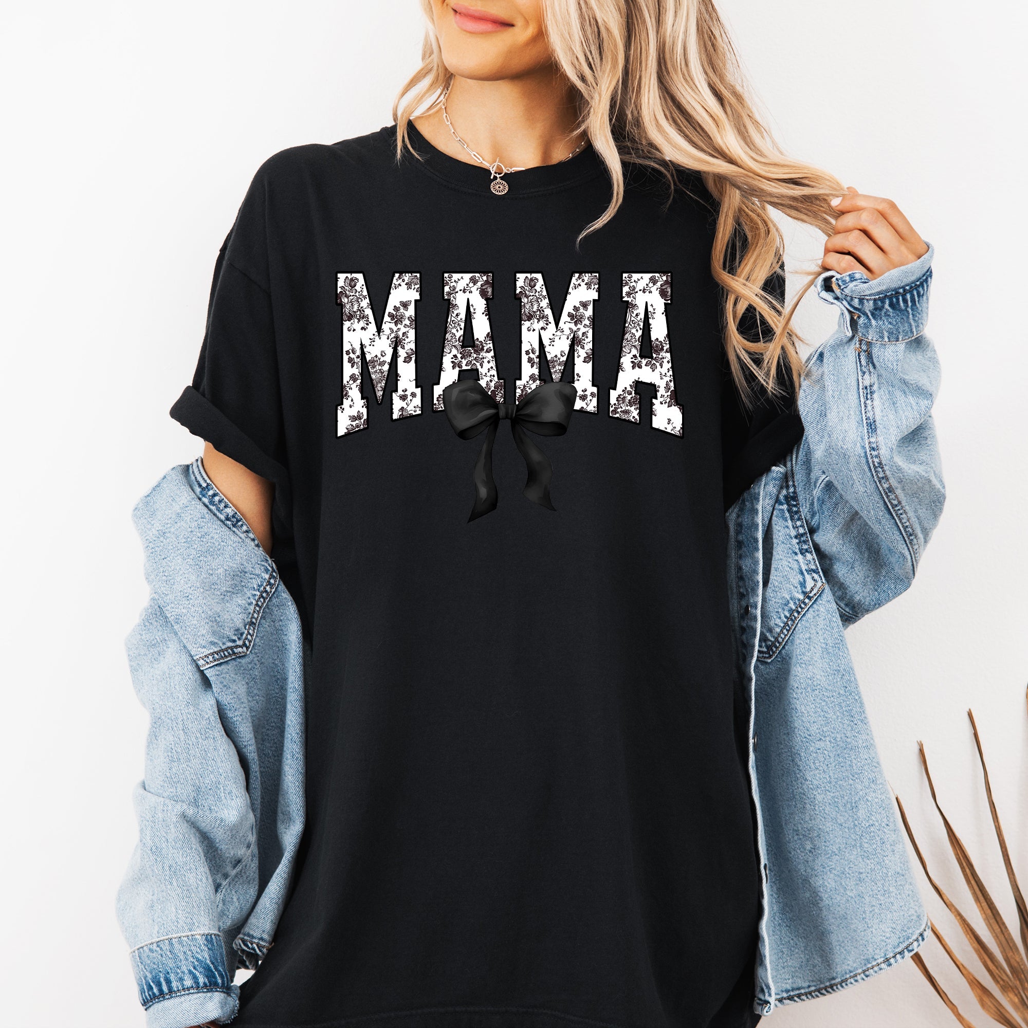 Mama Bow Ribbon Chinoiserie Coquette Varsity Mother's Day Edition Comfort Colors Tee