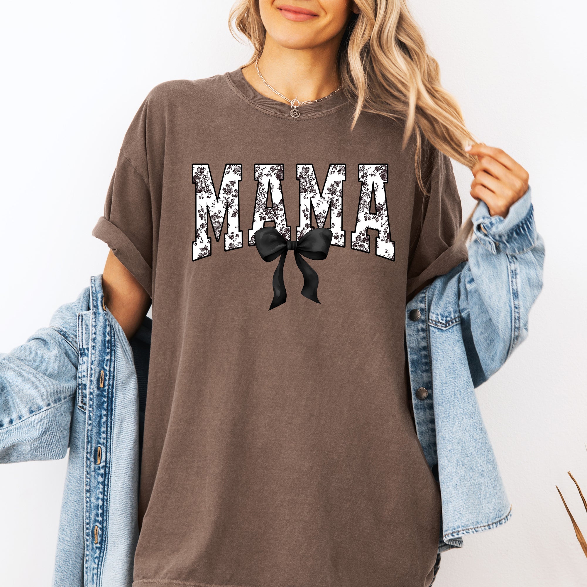 Mama Bow Ribbon Chinoiserie Coquette Varsity Mother's Day Edition Comfort Colors Tee
