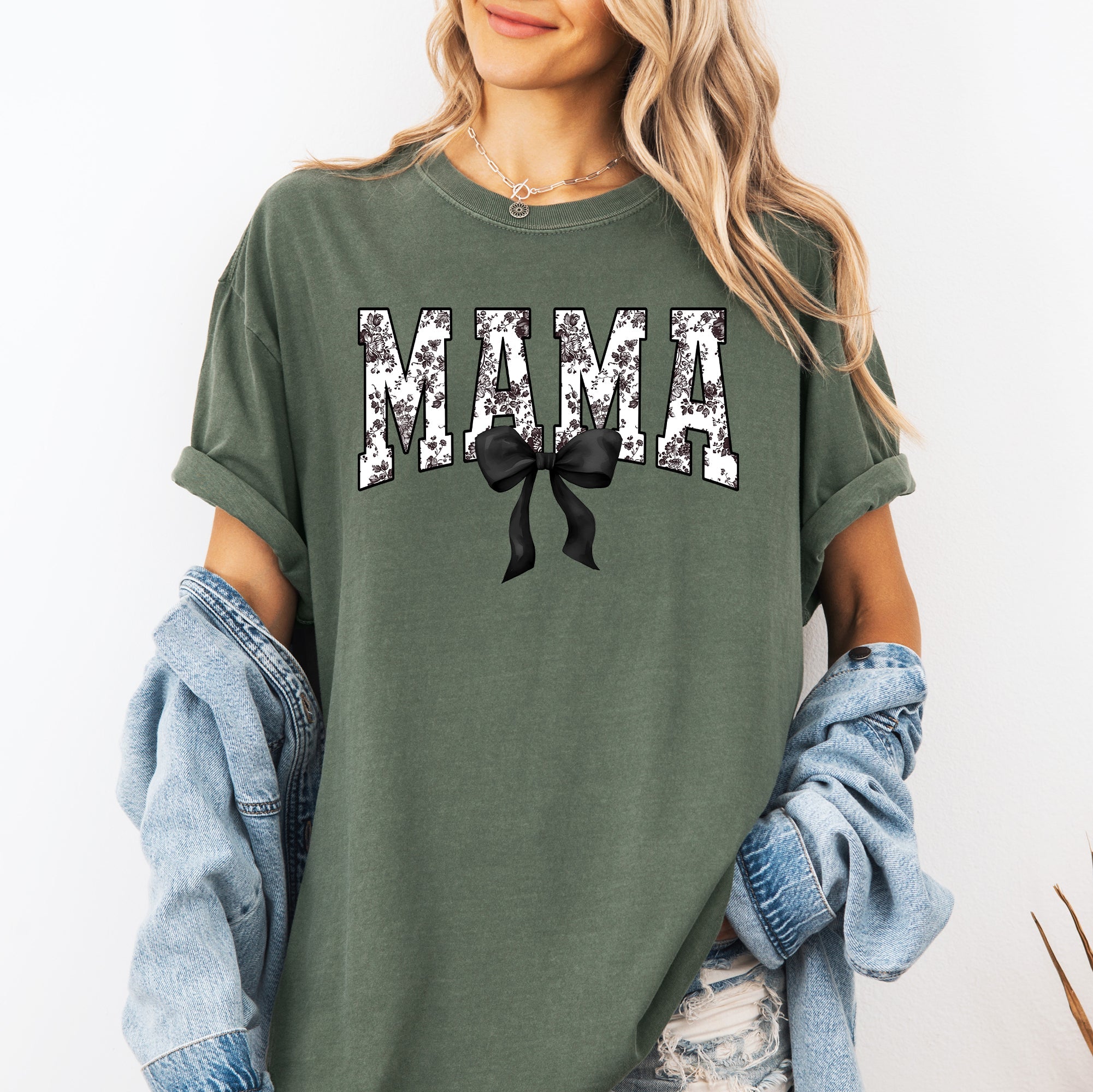 Mama Bow Ribbon Chinoiserie Coquette Varsity Mother's Day Edition Comfort Colors Tee