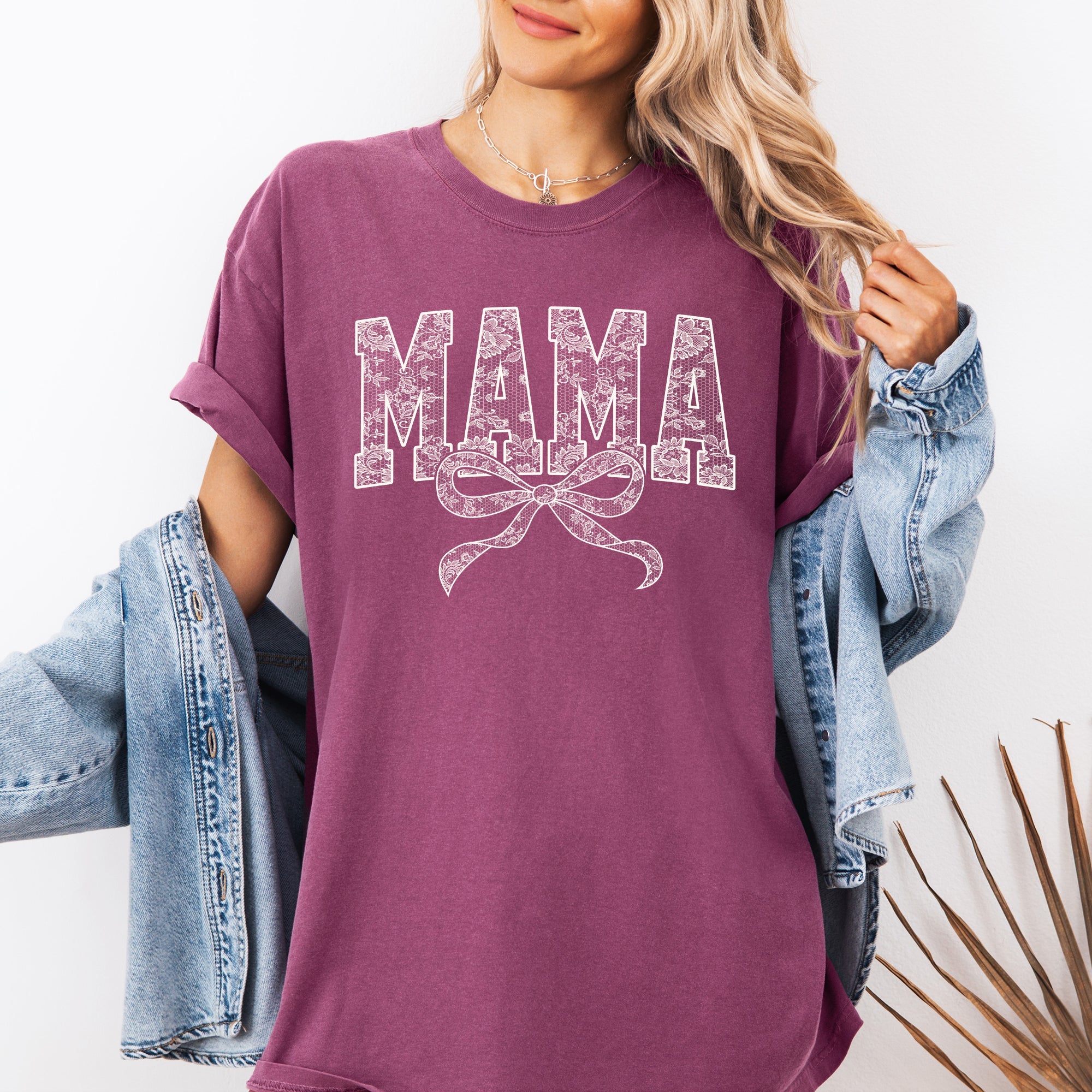 Mama Bow Ribbon Faux Lace Coquette Mother's Day Vintage Look Comfort Colors Tee